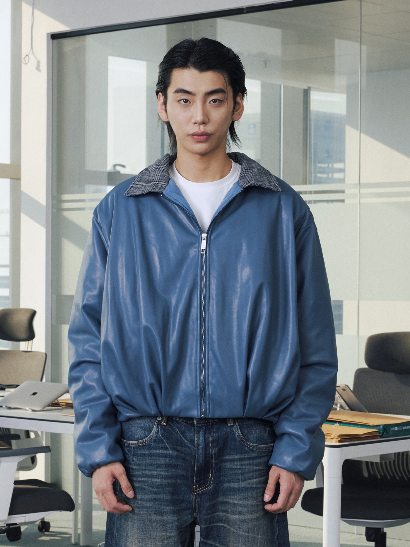 千鳥格子レザーカラー・中綿ボンバージャケット N6190