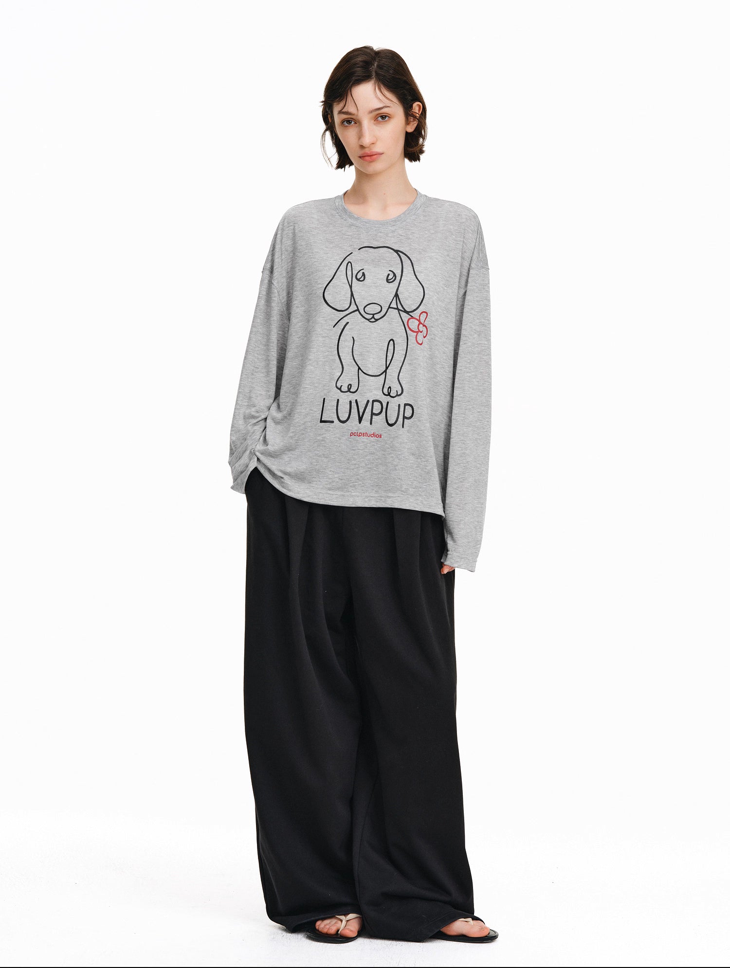 ラインアート・ドッグ グラフィック ロンT / Flower dog print T-shirt   N5607