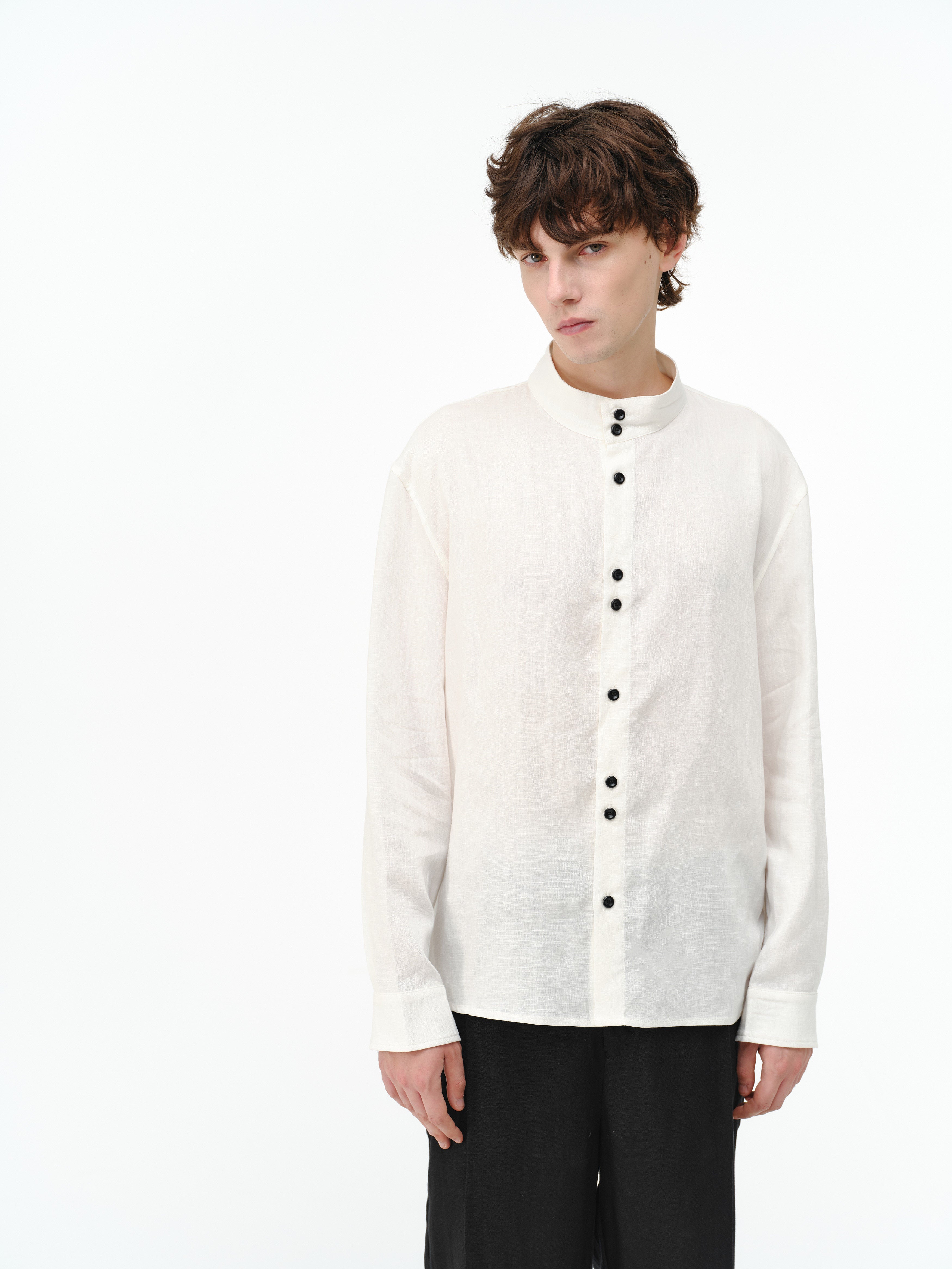 リネン混 スタンドカラー 非対称ボタンシャツ　N6856