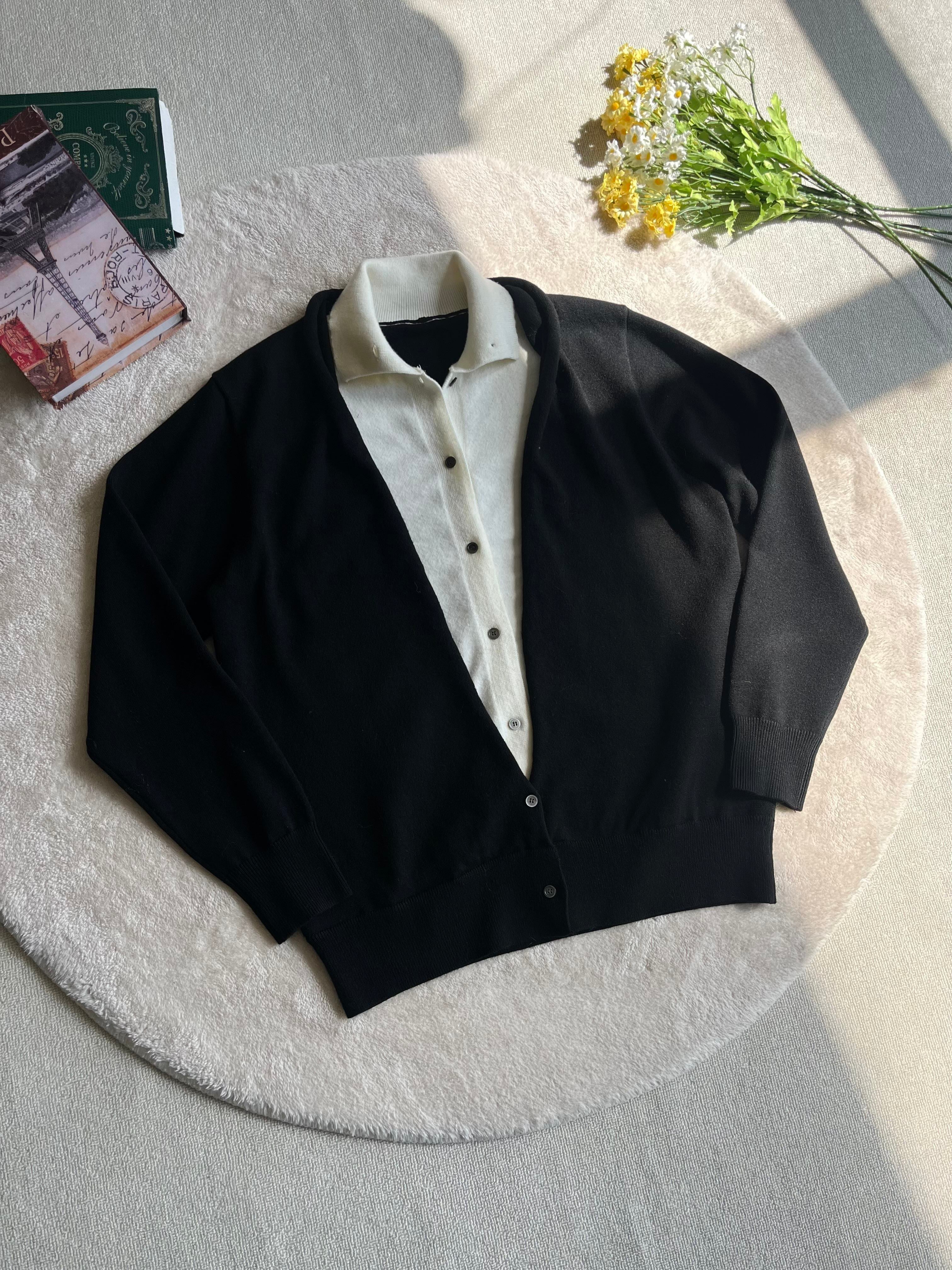 レイヤード風 バイカラー ハイネックニットカーディガン N6475