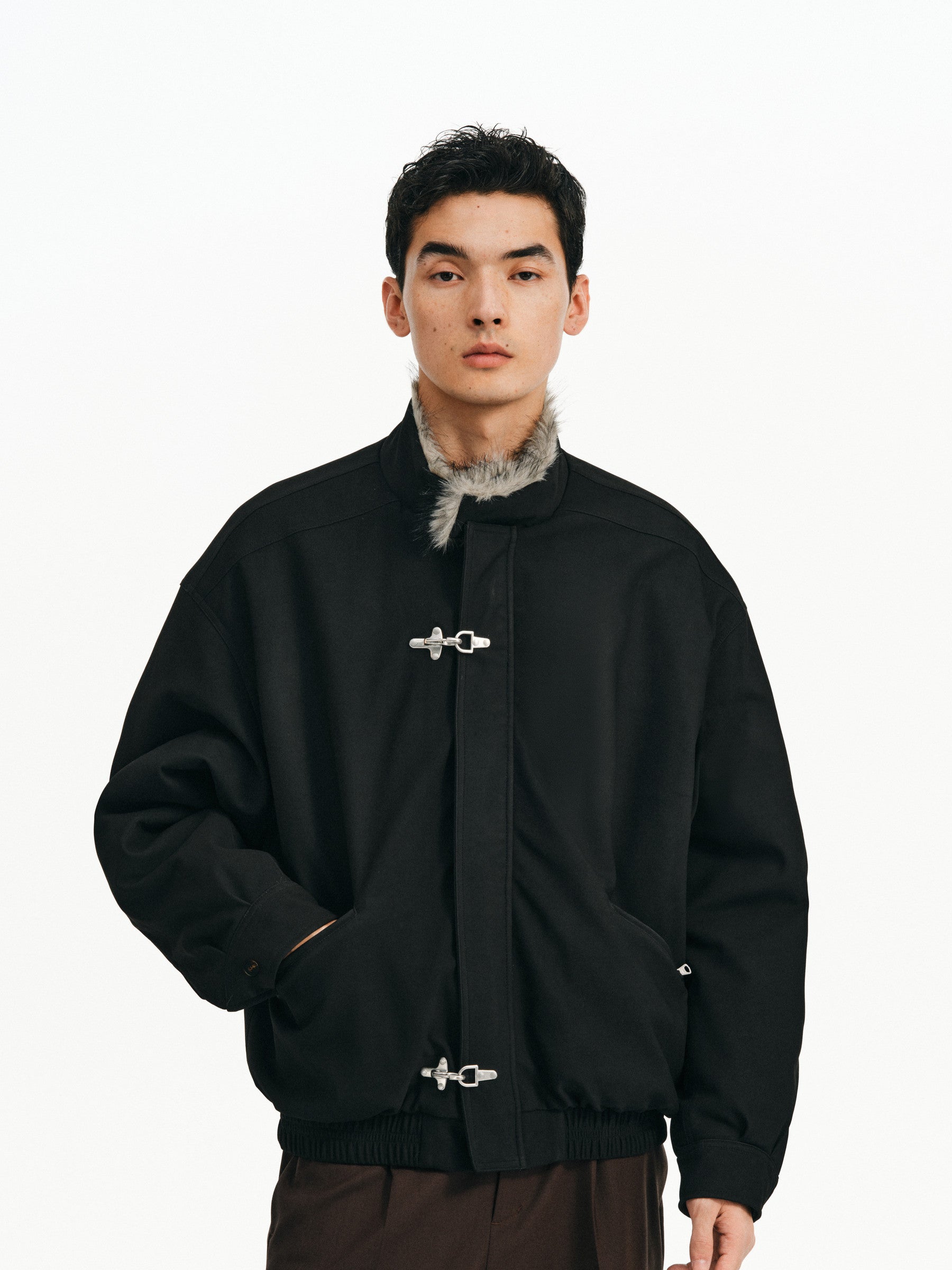 フェイクミンクファー 襟付きフライトバックルジャケット N6354