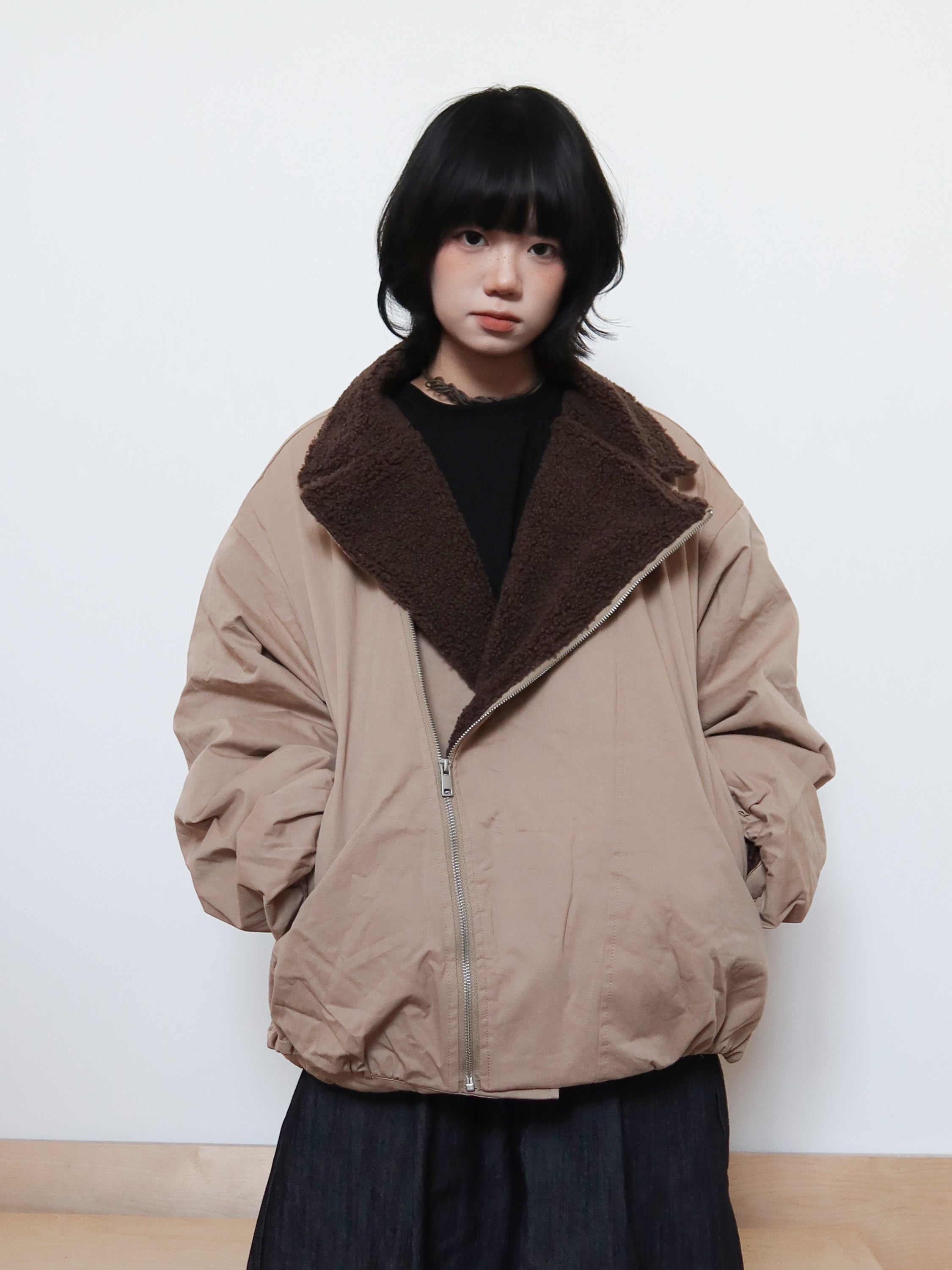 アシンメトリーZIP ボア襟 バーンスタイル中綿ジャケット N6407