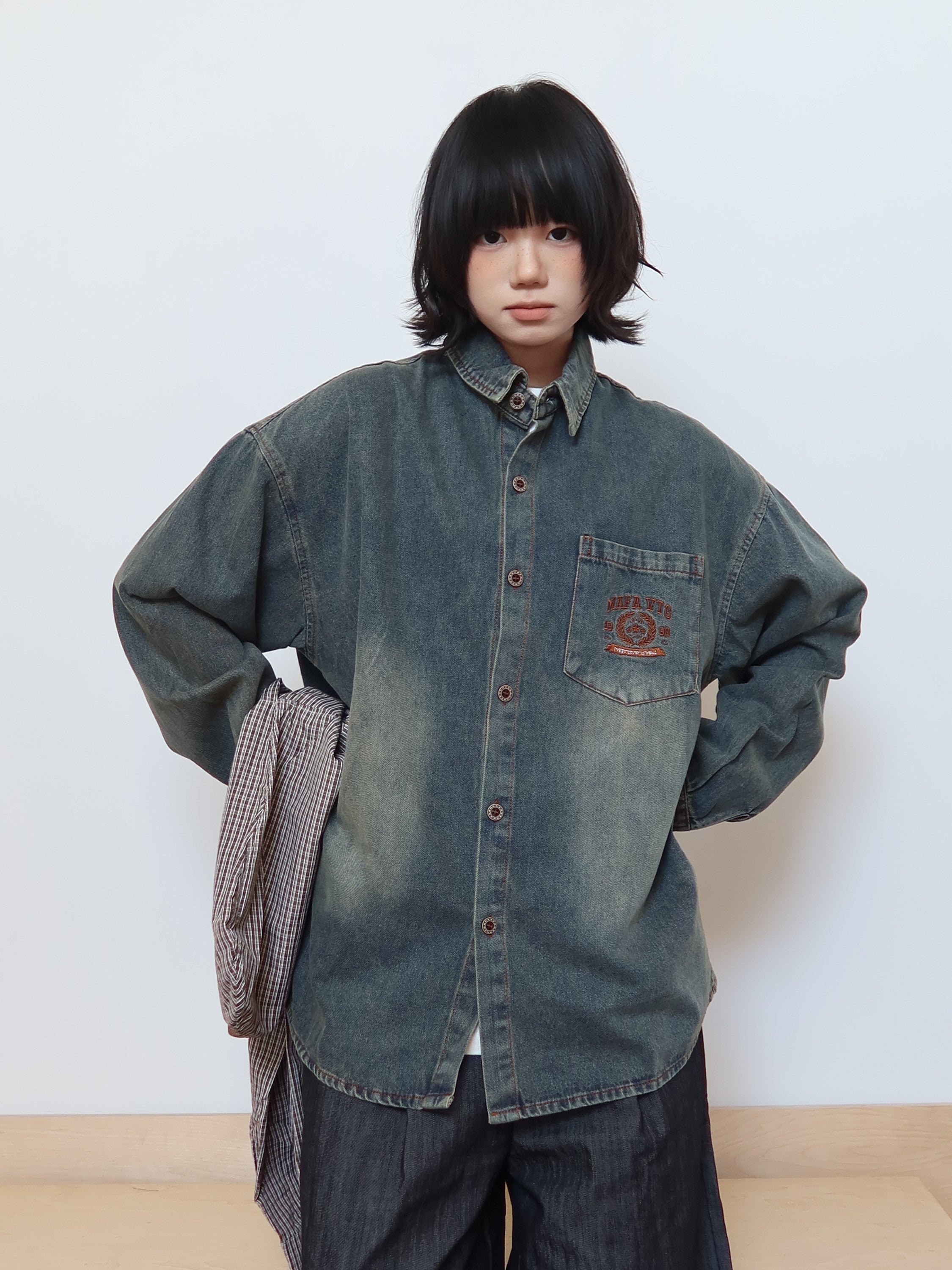 レイヤード風 ヴィンテージ加工 デニムシャツ　N6376