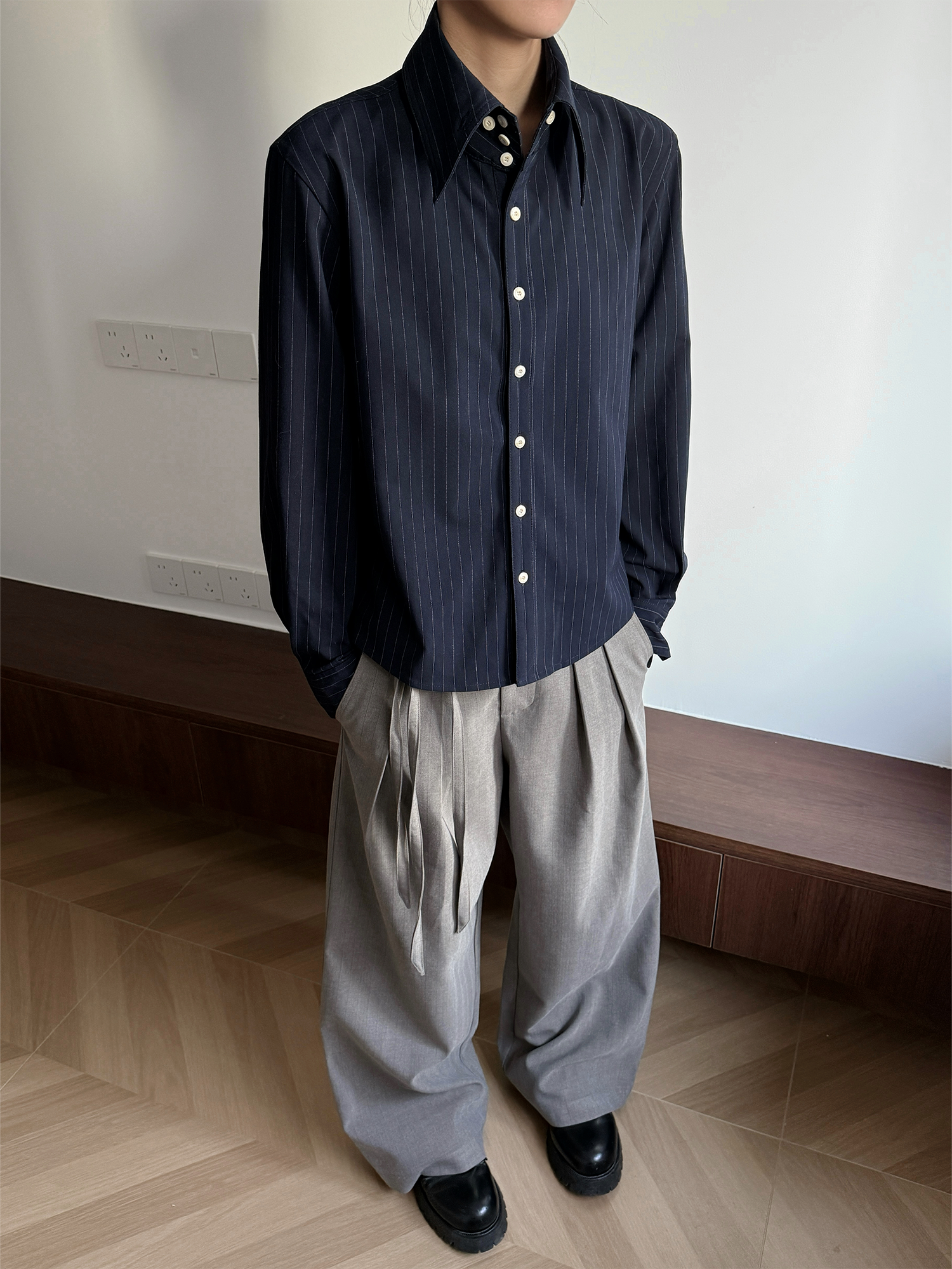 シャープカラー ストライプ 正肩フィットシャツ　N6536