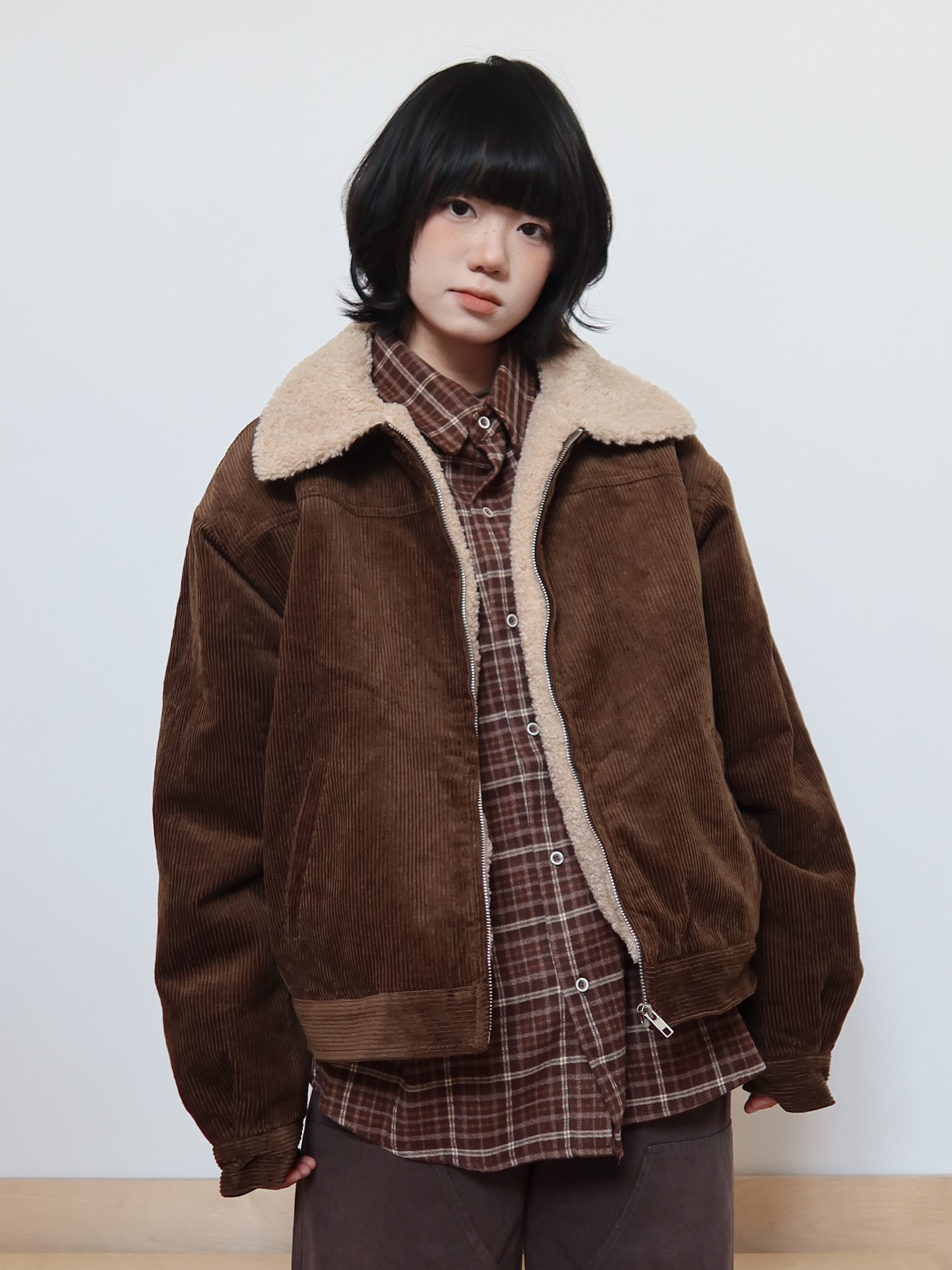 メラード調 コーデュロイ×ボア 襟付き中綿ジャケット　N6372