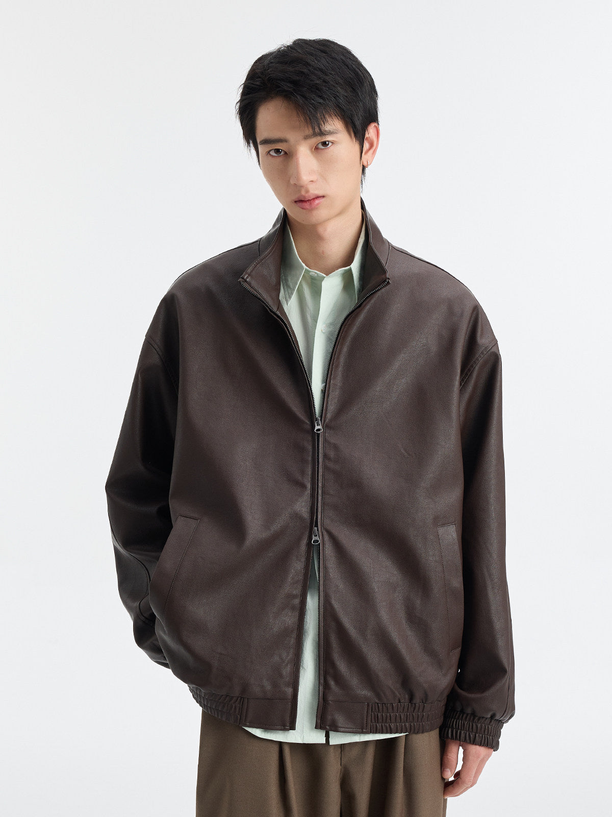 レトロ廓形 スタンドカラーPUレザージャケット　N6526