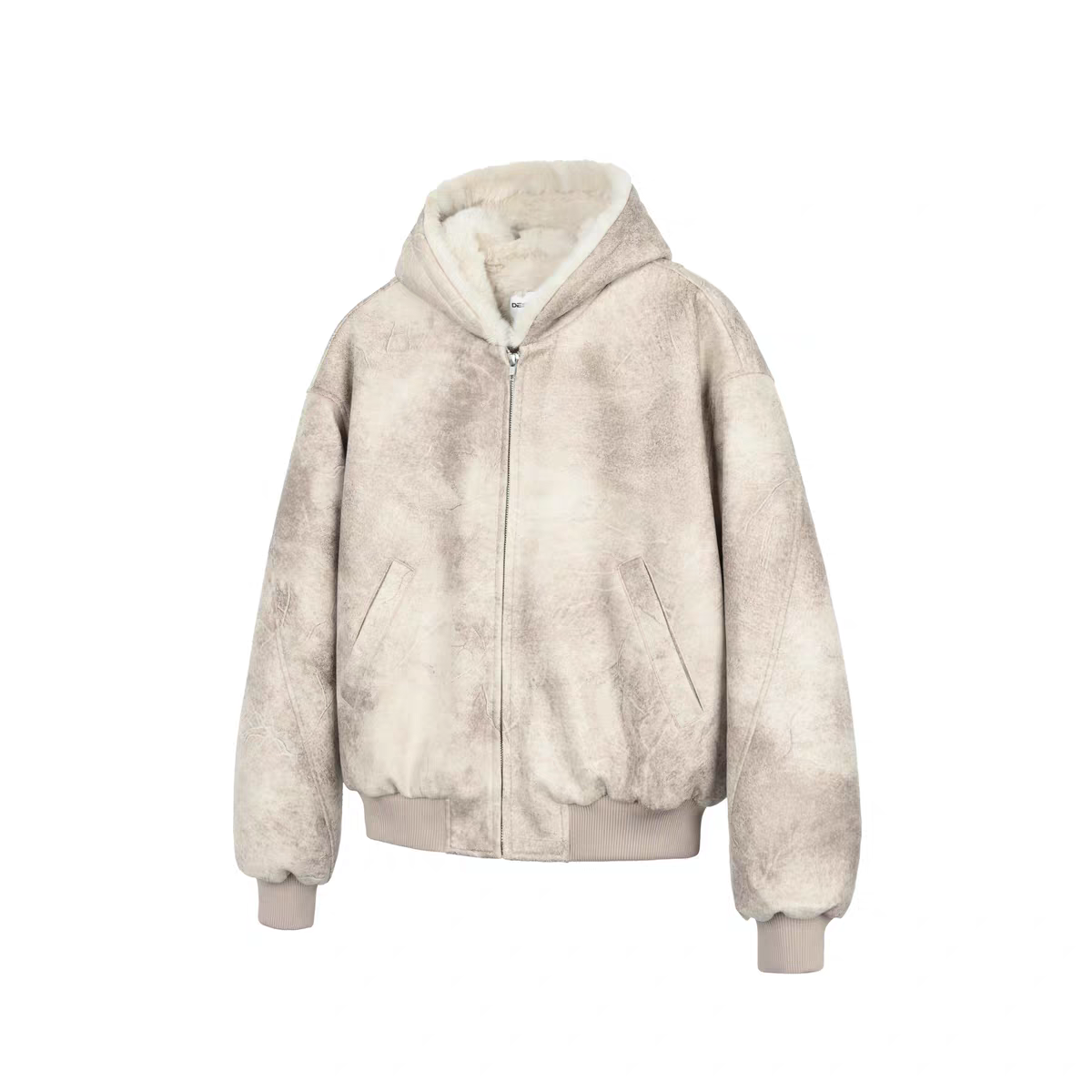 1500Gミンク風ボア・クラックドPUレザー・フーデッドコート N6249