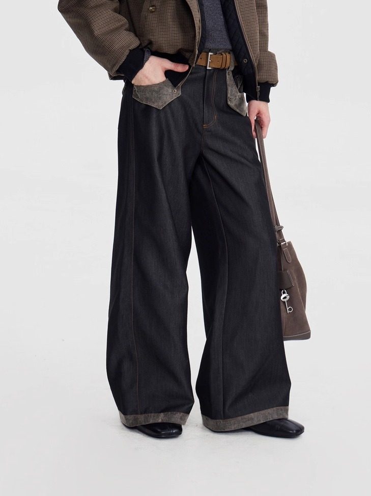 スエード切替 ワイドカーゴ デニムパンツ　N6611
