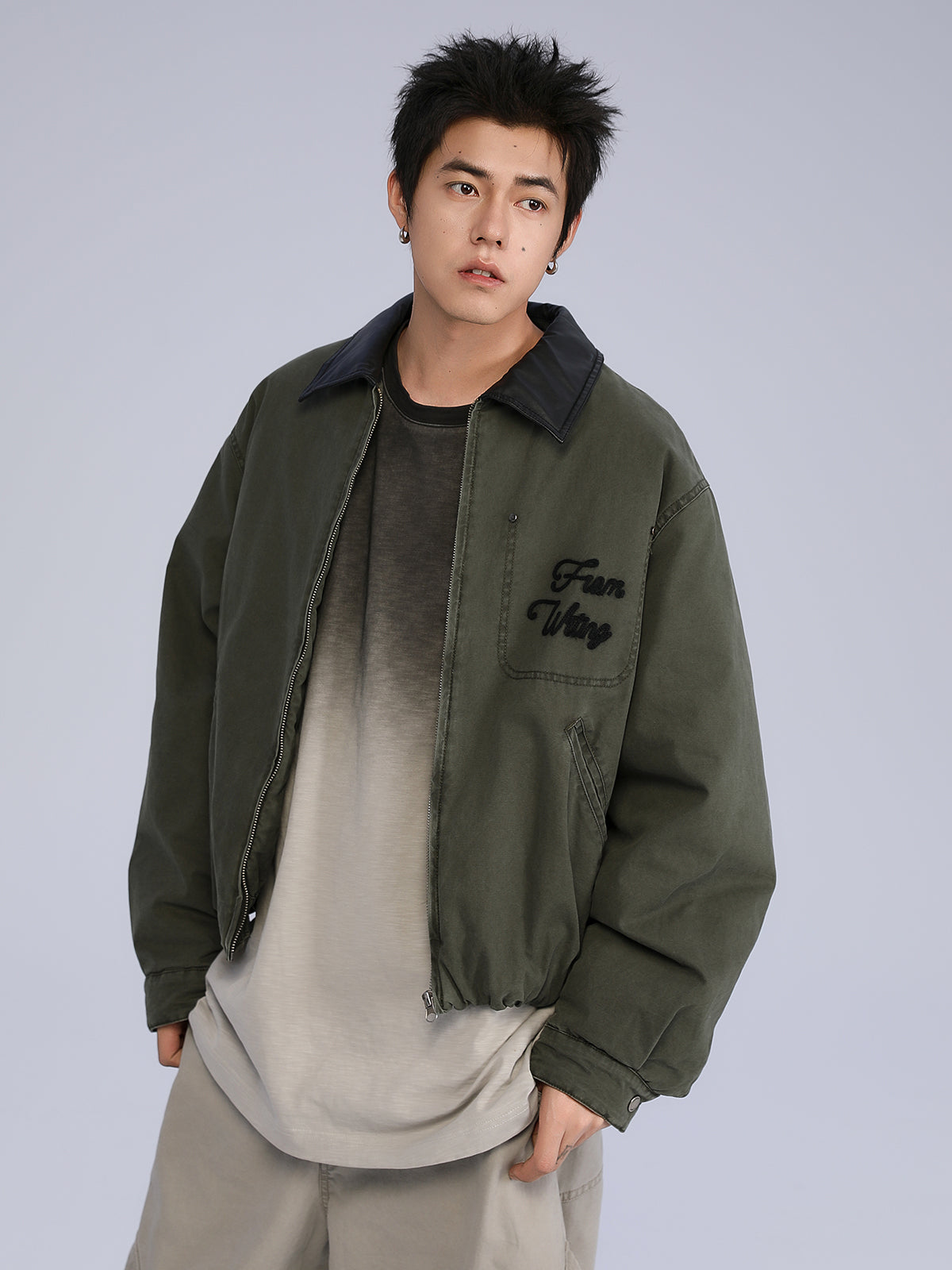 レザー襟ウォッシュドコットン・中綿ショートジャケット N6165