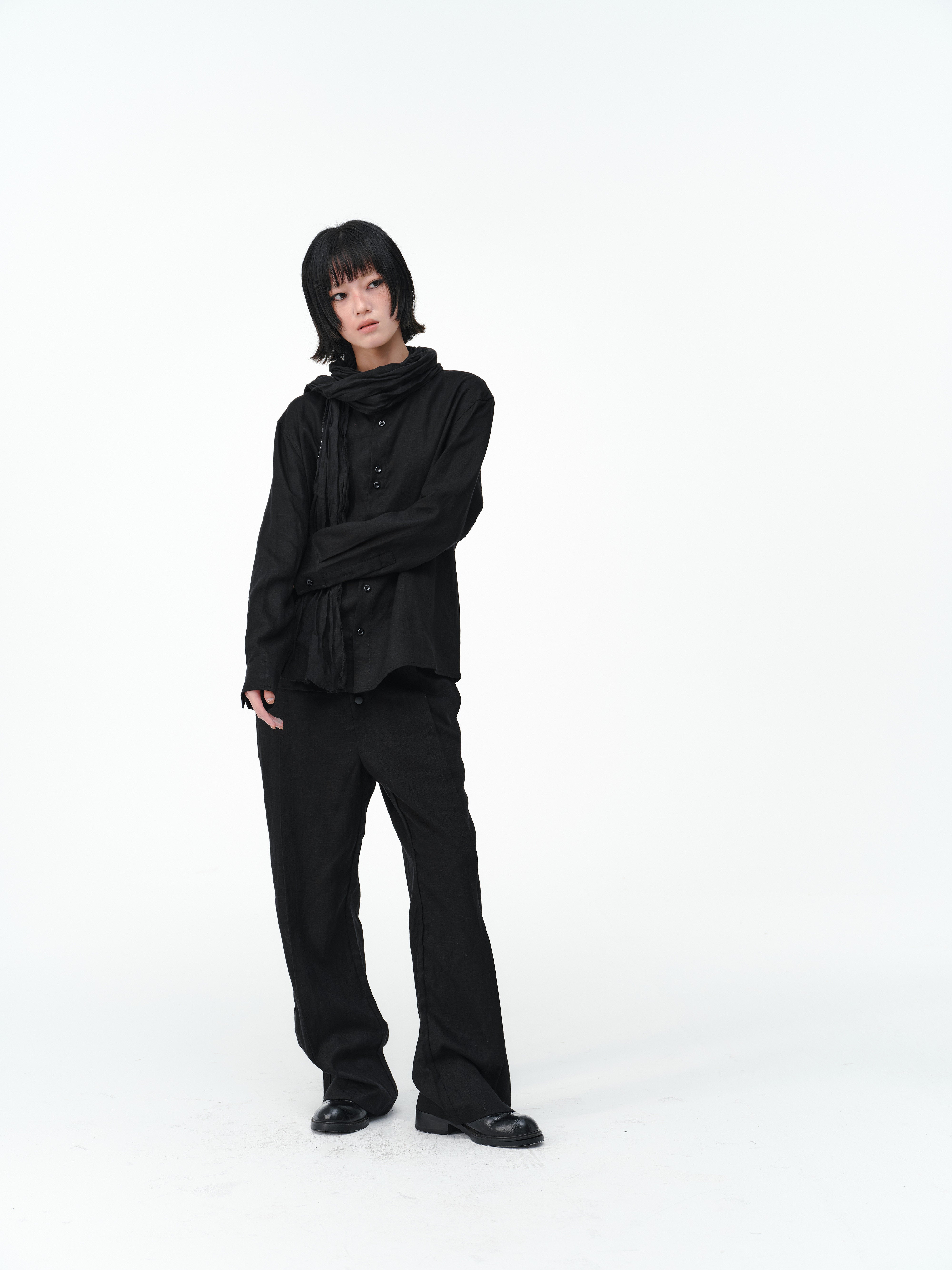 リネン混 スタンドカラー 非対称ボタンシャツ　N6856