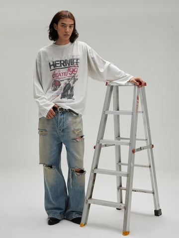 古着風グランジ 汚れ加工グラフィックロンT N5909