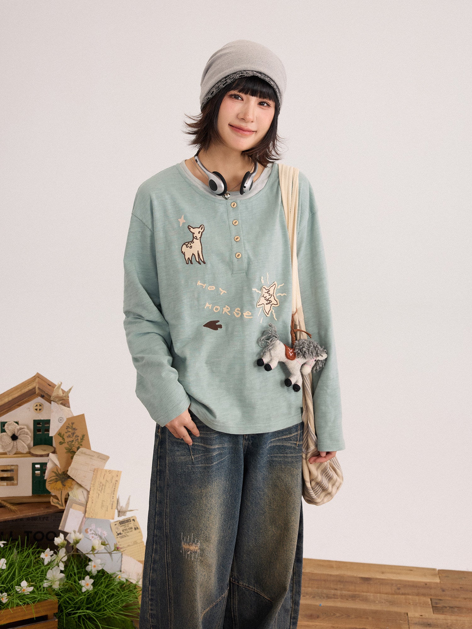 手描き刺繍 ヘンリーネックロンT N6678