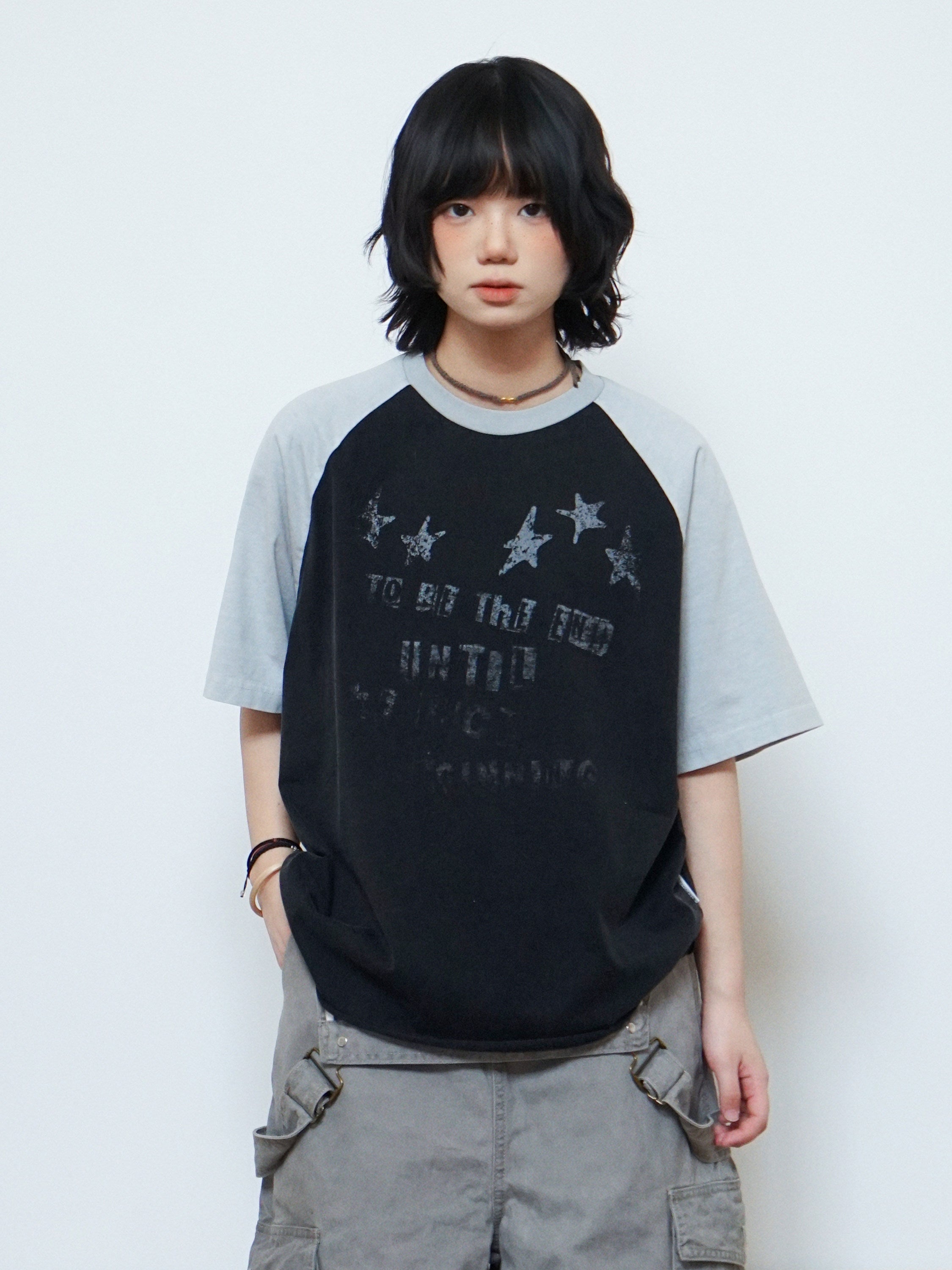 バイカラー ラグラン ヴィンテージプリント Tシャツ N6867