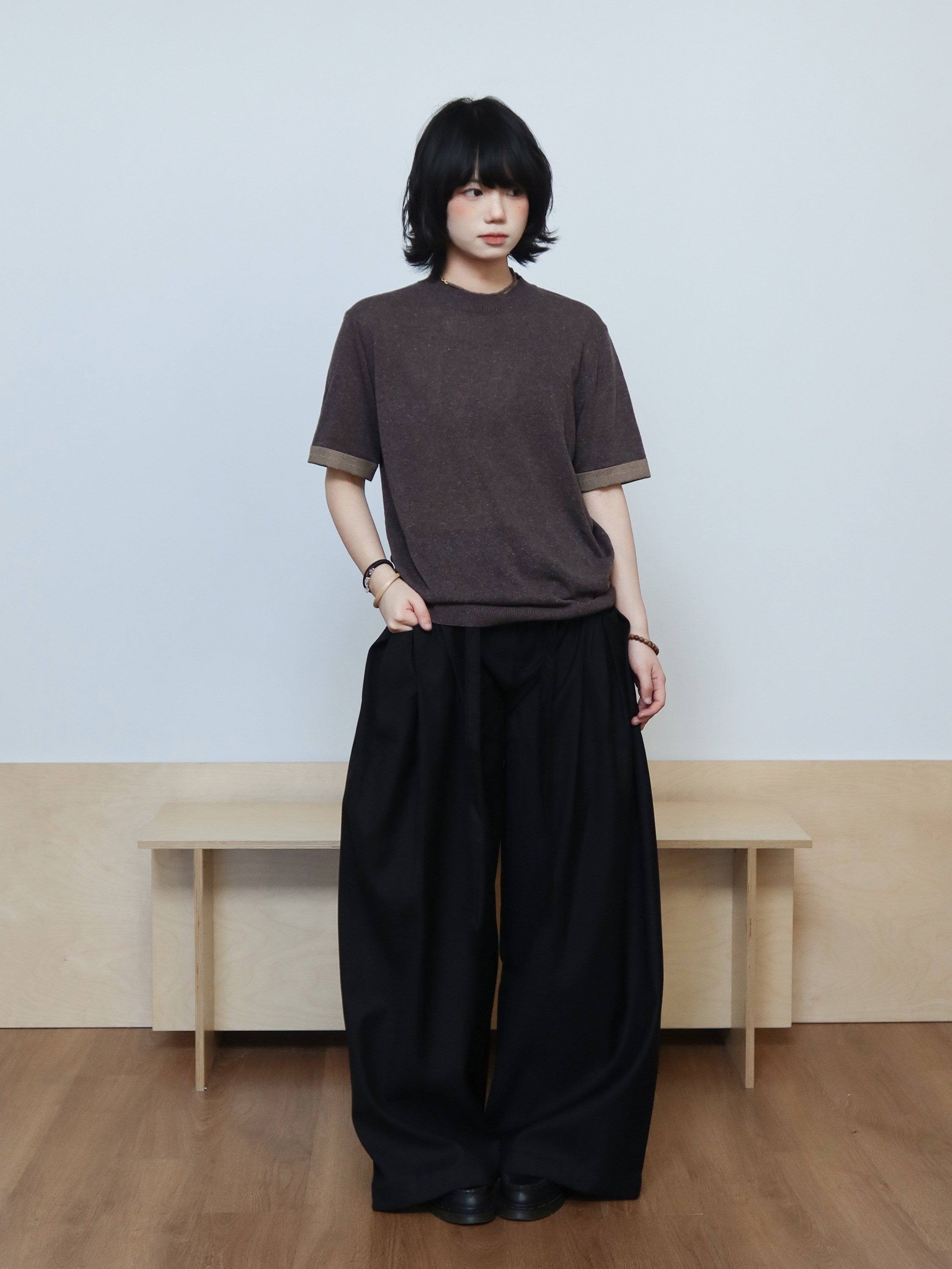 リヨセル混 千鳥格子カフス ニットTシャツ　N6953