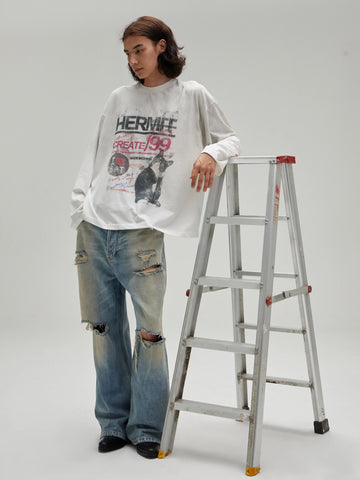 古着風グランジ 汚れ加工グラフィックロンT N5909