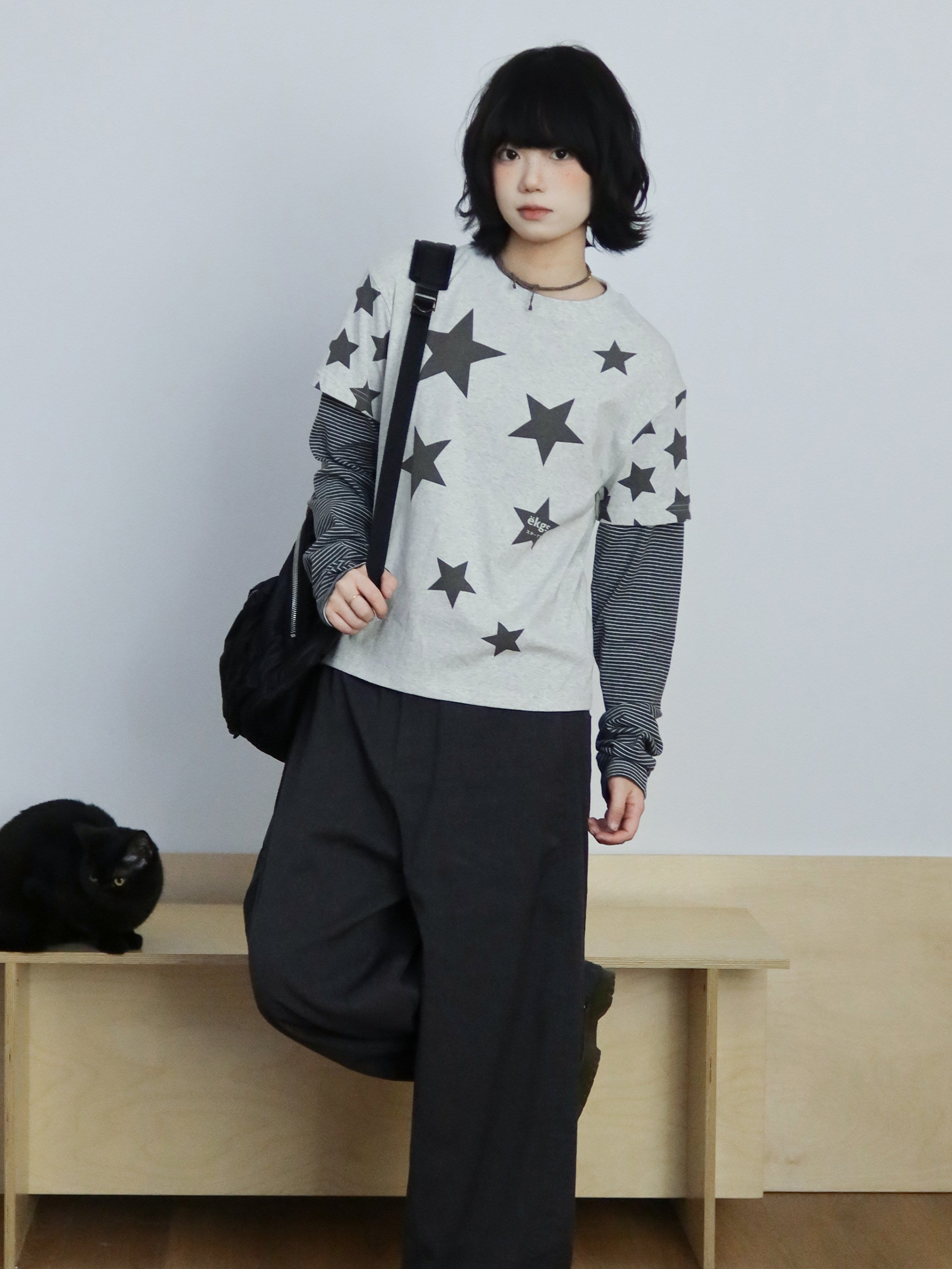 スター総柄 フェイクレイヤード ロングスリーブT N6934