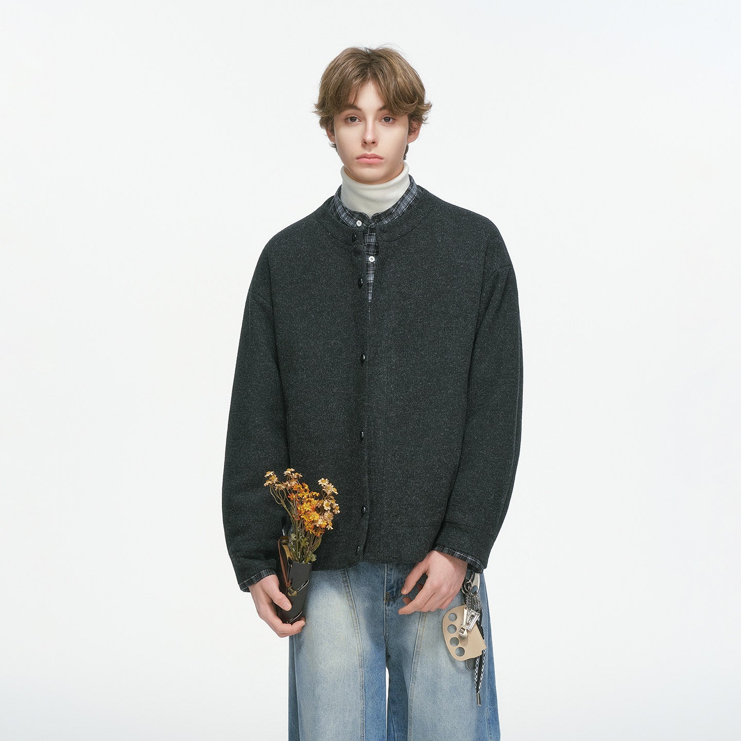 ウールモッサ×チェック 中綿入りフェイクレイヤードダウン N6334