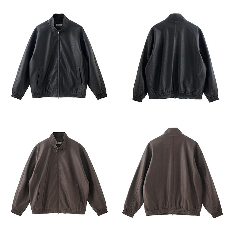 レトロ廓形 スタンドカラーPUレザージャケット　N6526