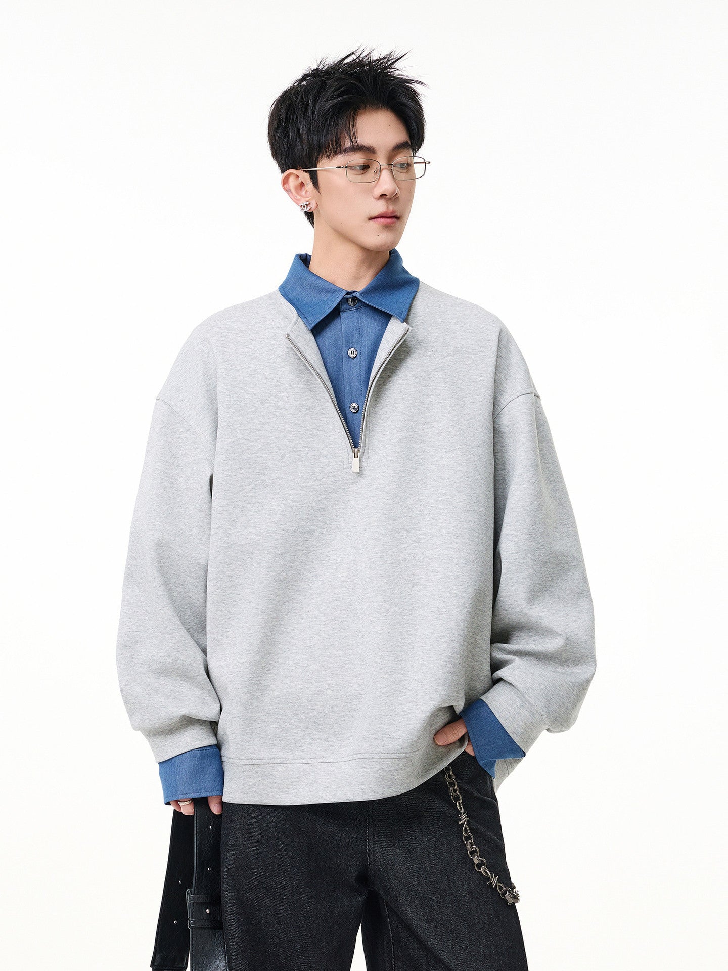 デニム切替 フェイクレイヤード ポロスウェット　N6807