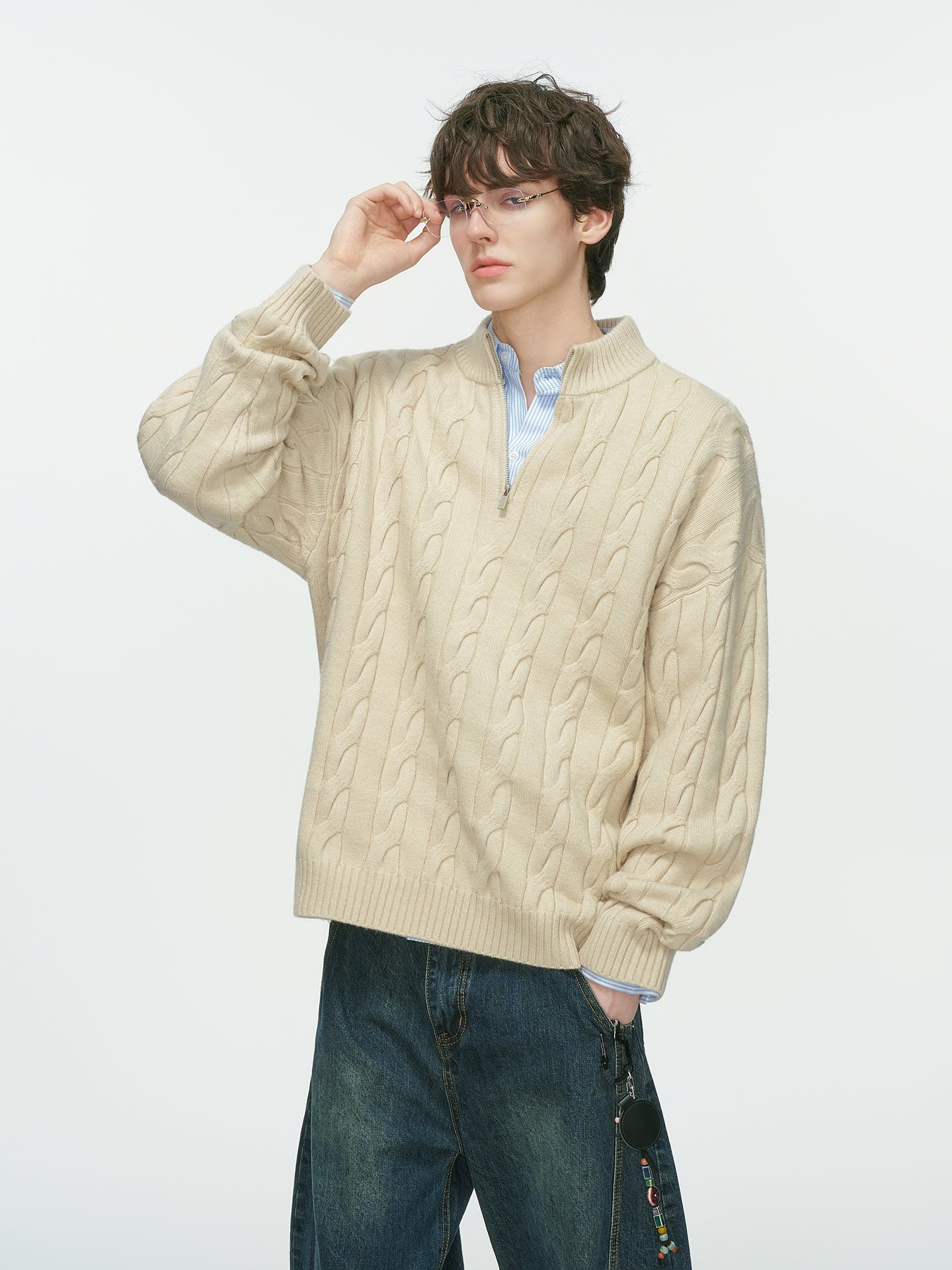 アランパターン・Vネックジップ・ニット　N6107