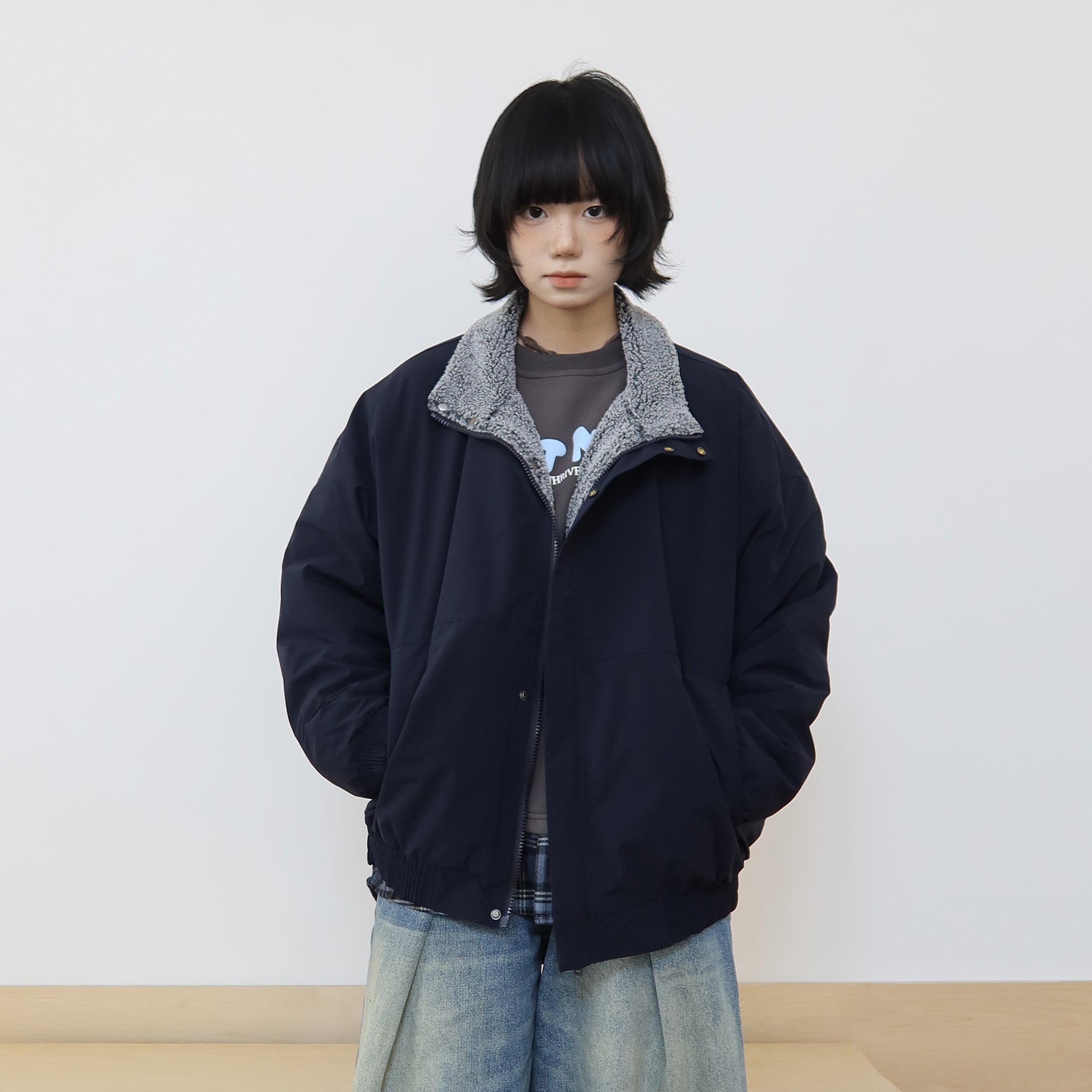 スタンドカラー ボア裏地 ネイビー中綿ジャケット　N6319