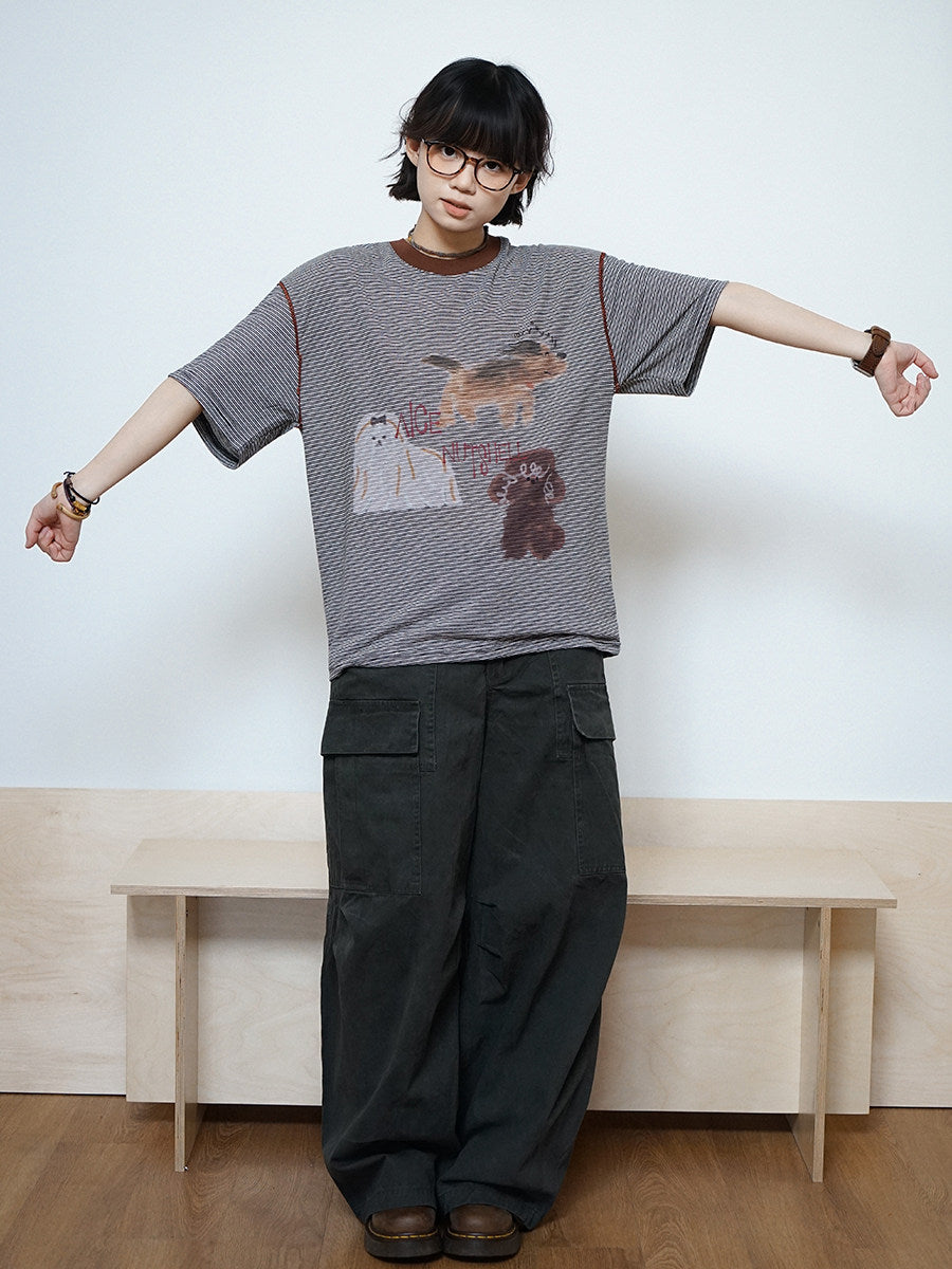 ピンボーダー アニマルグラフィック リンガーTシャツ N6868
