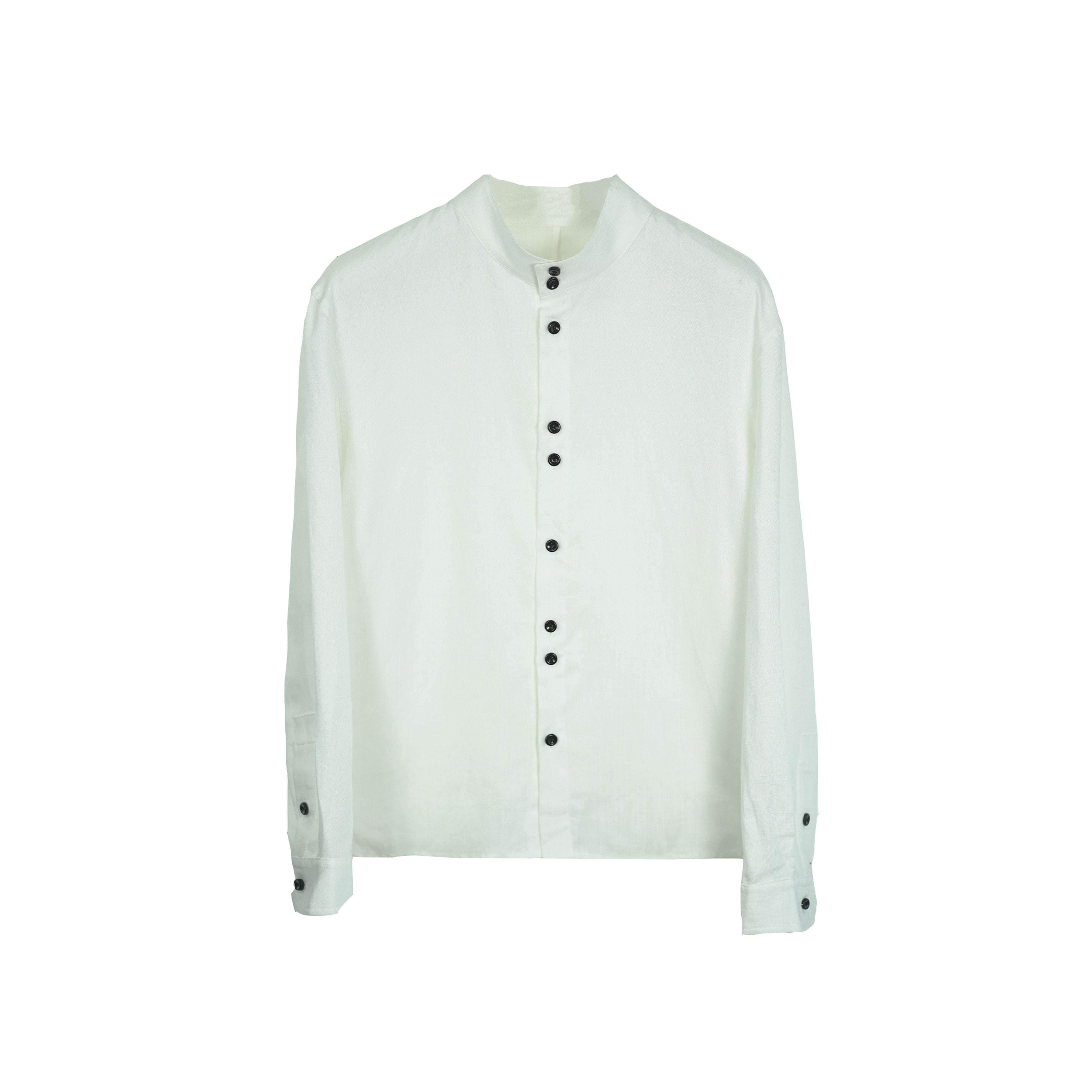 リネン混 スタンドカラー 非対称ボタンシャツ　N6856