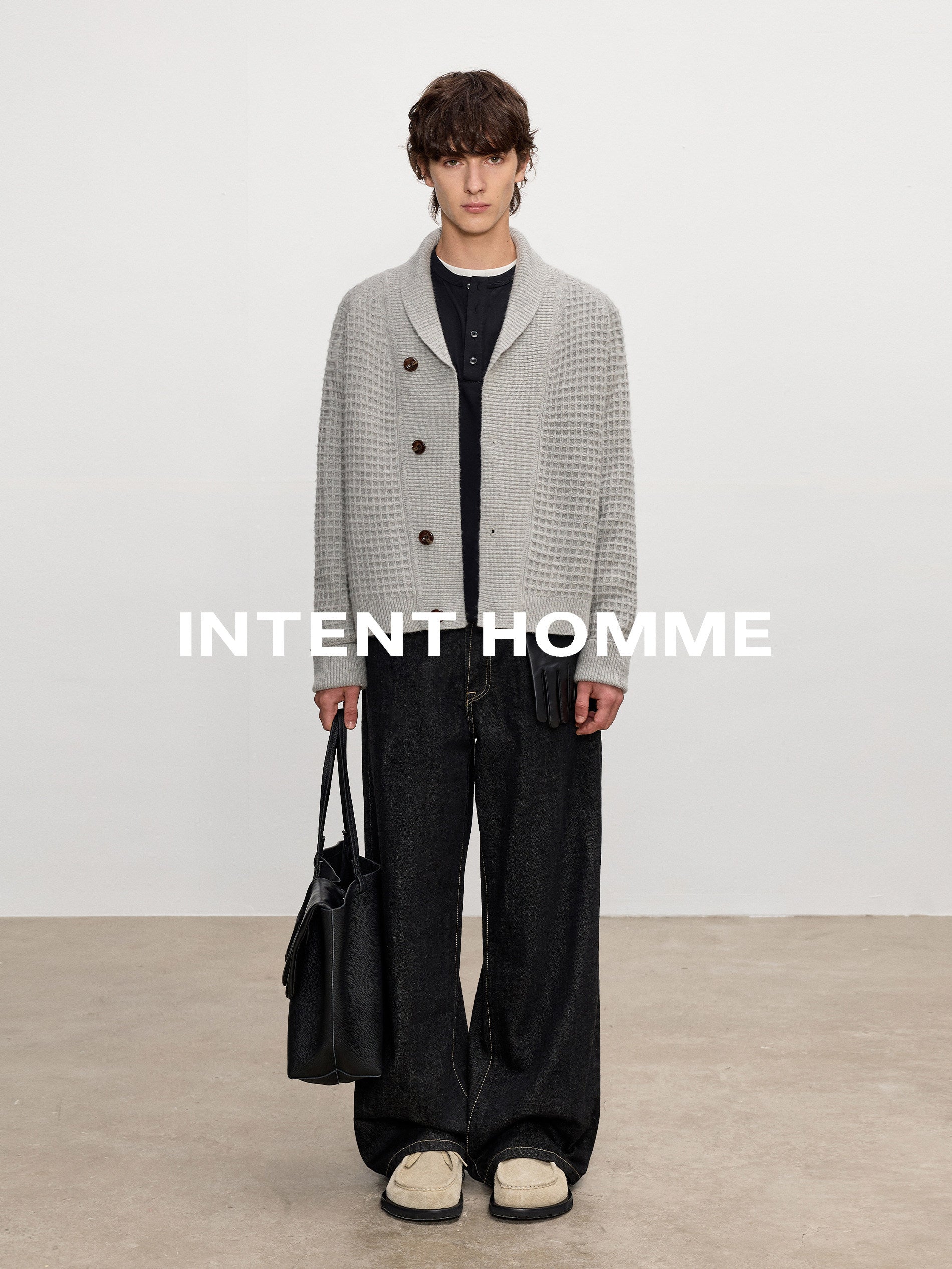 ショールカラーウール混 ワッフルカーディガン　N6352