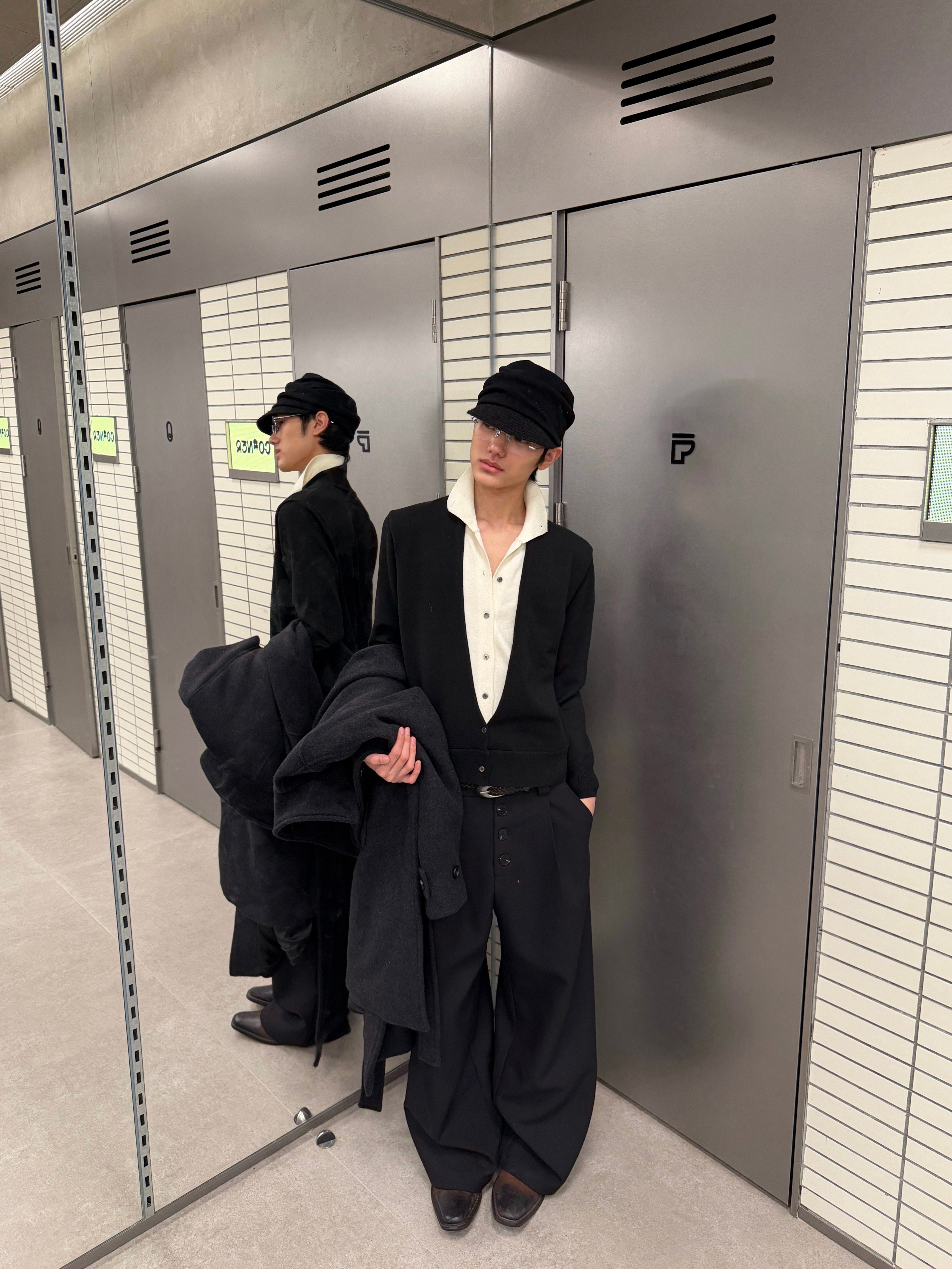 レイヤード風 バイカラー ハイネックニットカーディガン N6475