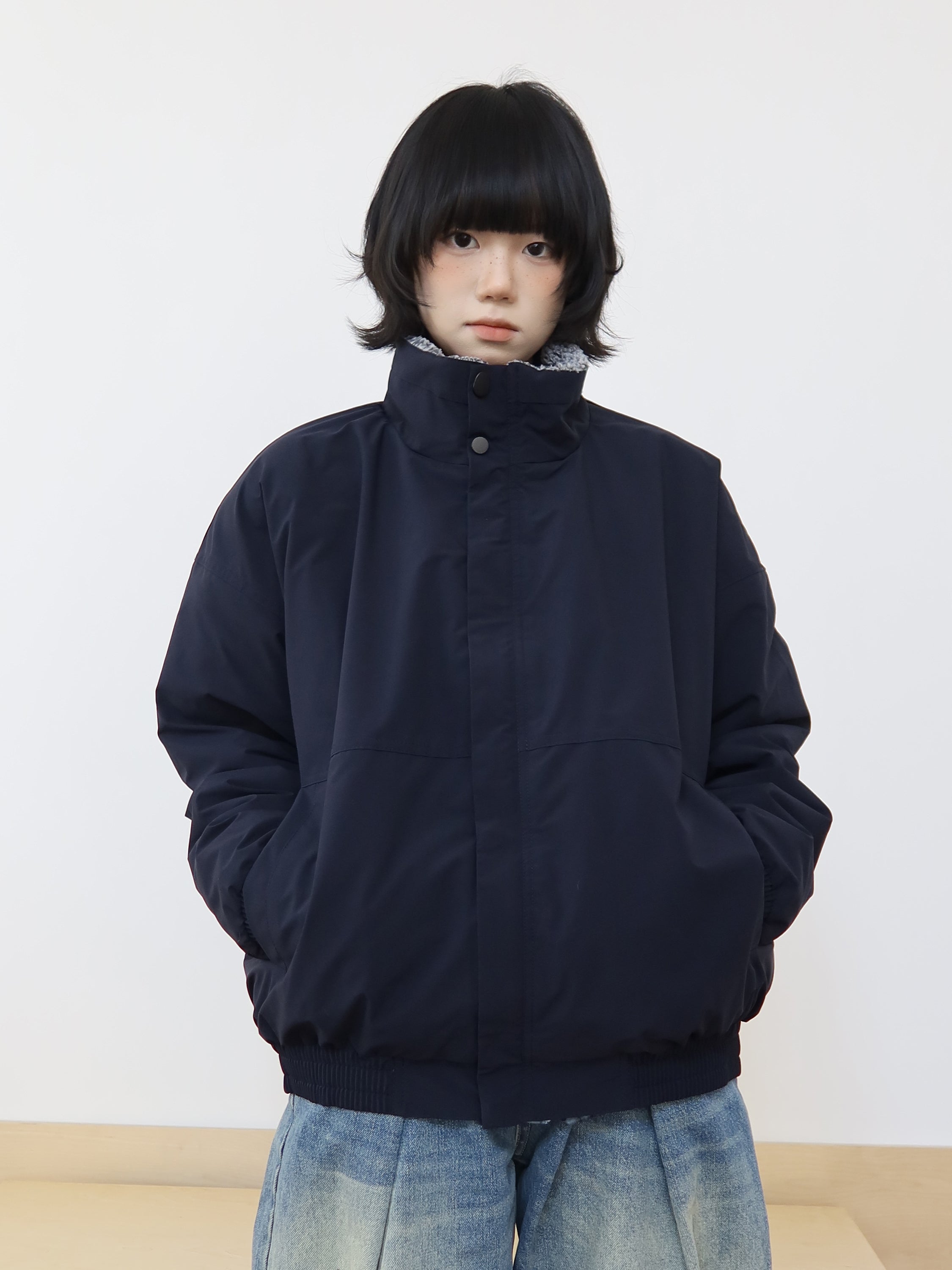 スタンドカラー ボア裏地 ネイビー中綿ジャケット　N6319