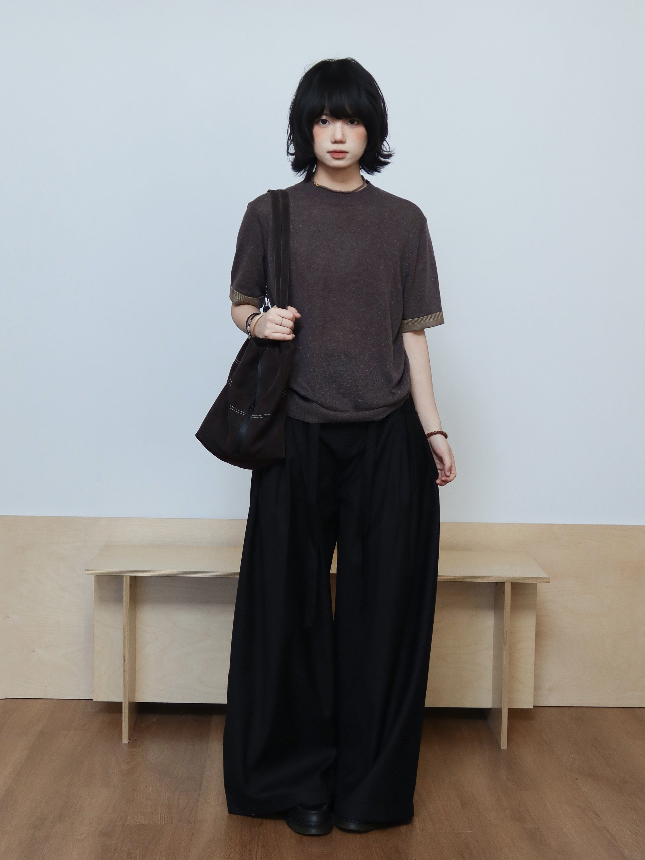 リヨセル混 千鳥格子カフス ニットTシャツ　N6953