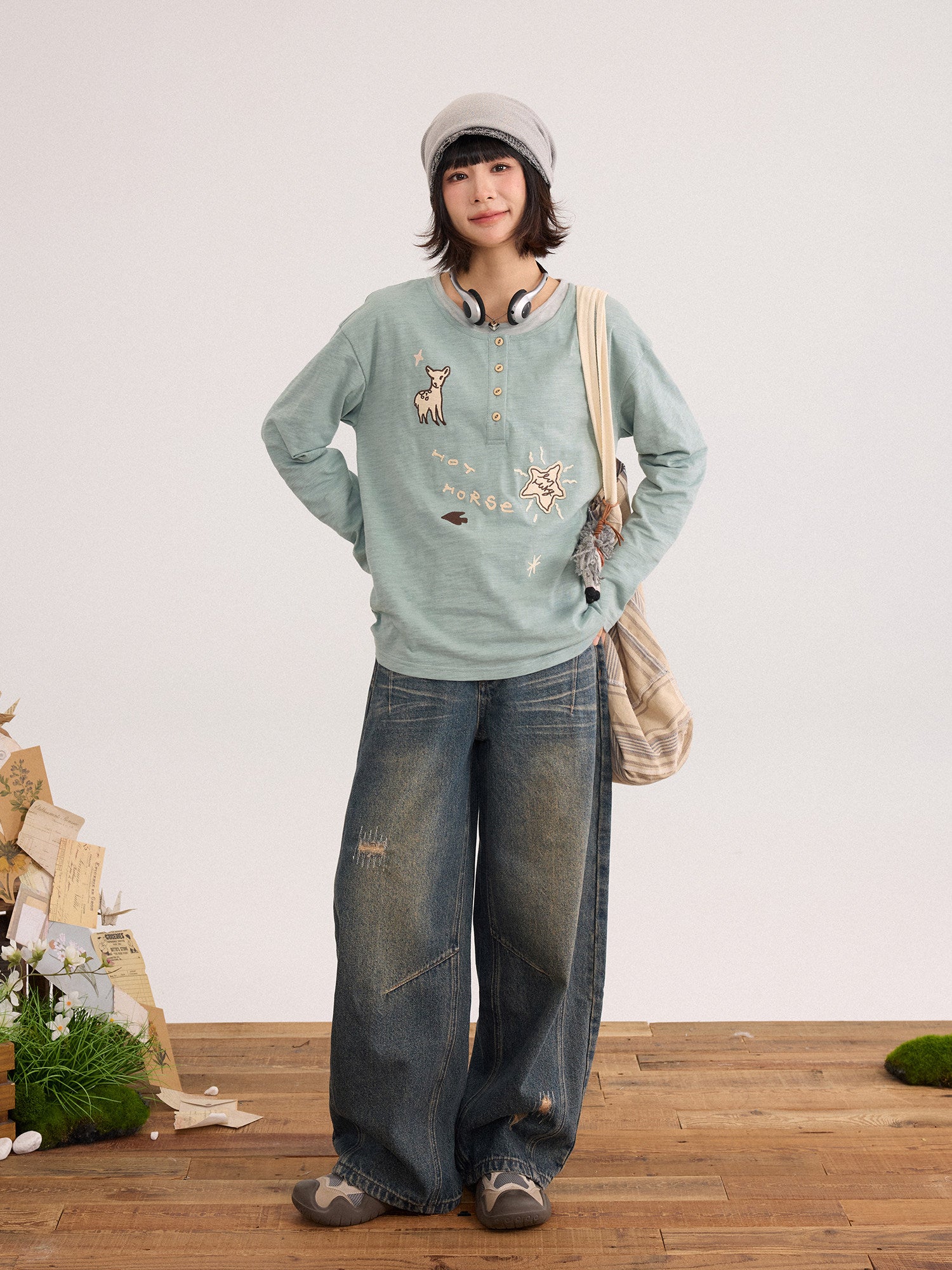 手描き刺繍 ヘンリーネックロンT N6678