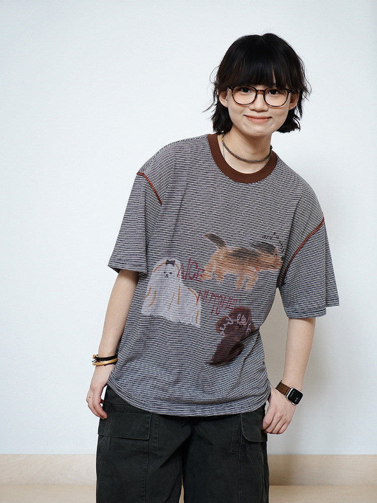 ピンボーダー アニマルグラフィック リンガーTシャツ N6868