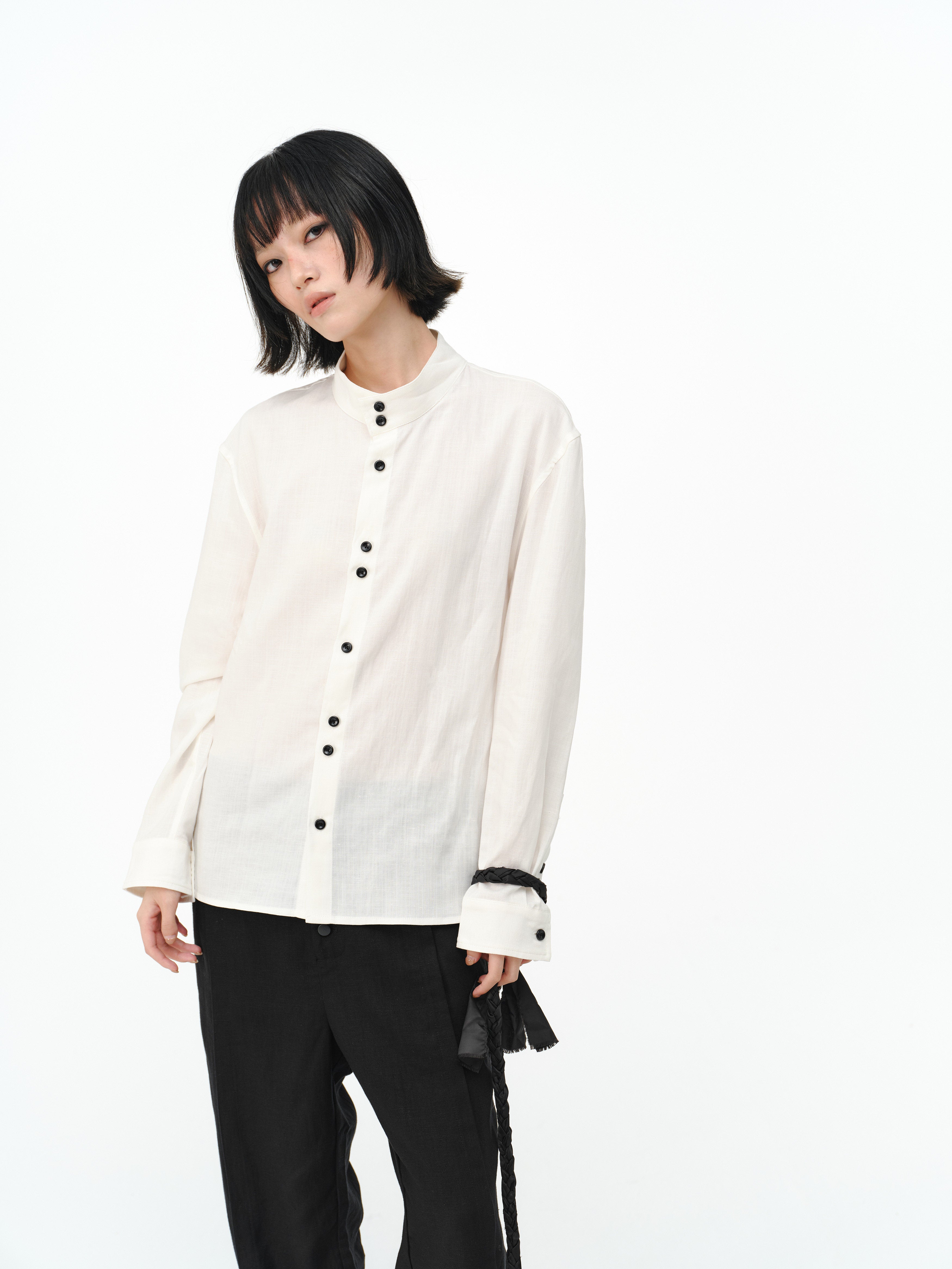 リネン混 スタンドカラー 非対称ボタンシャツ　N6856