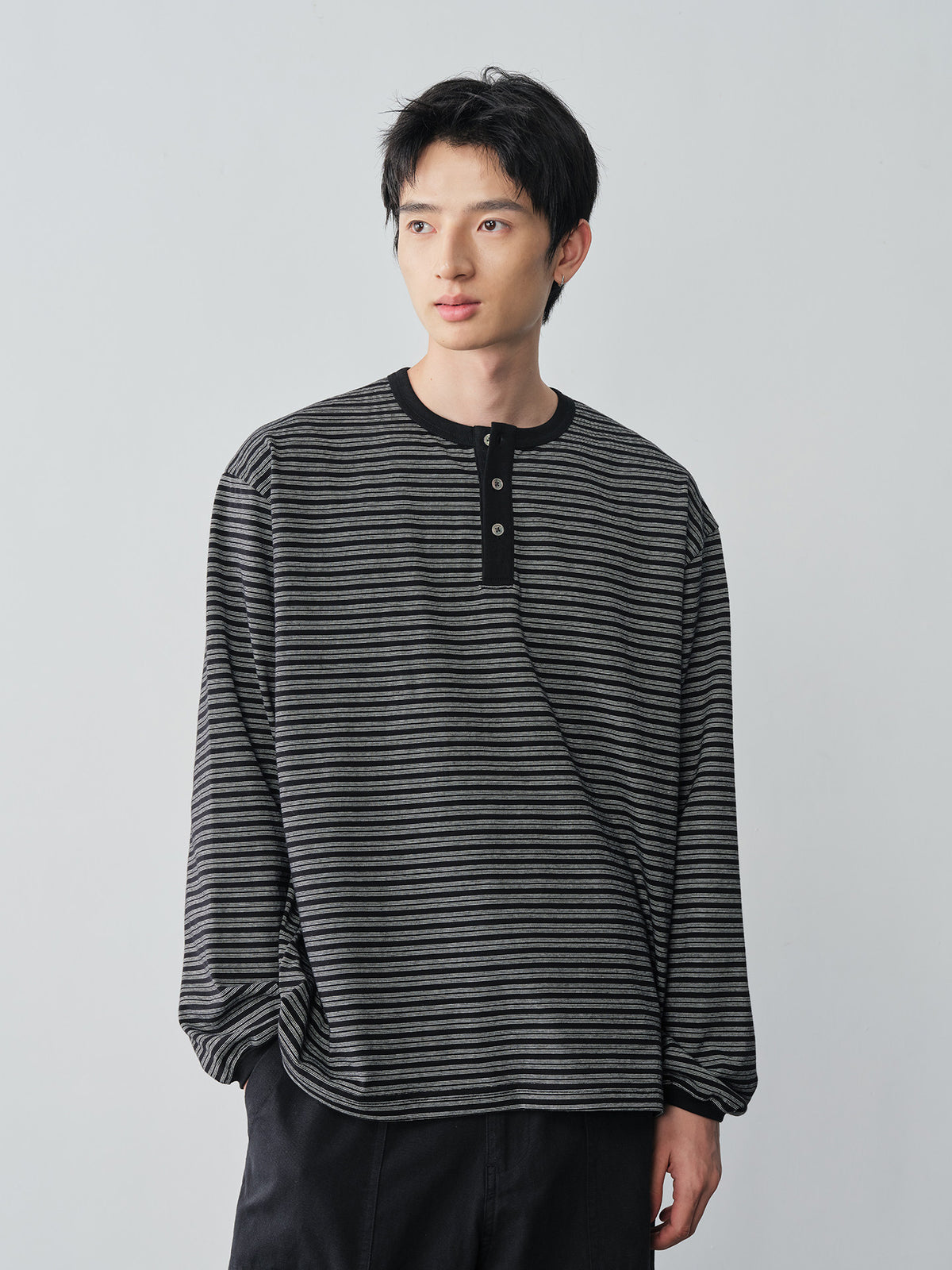 ボーダーヘンリーネックロングTシャツ N7334