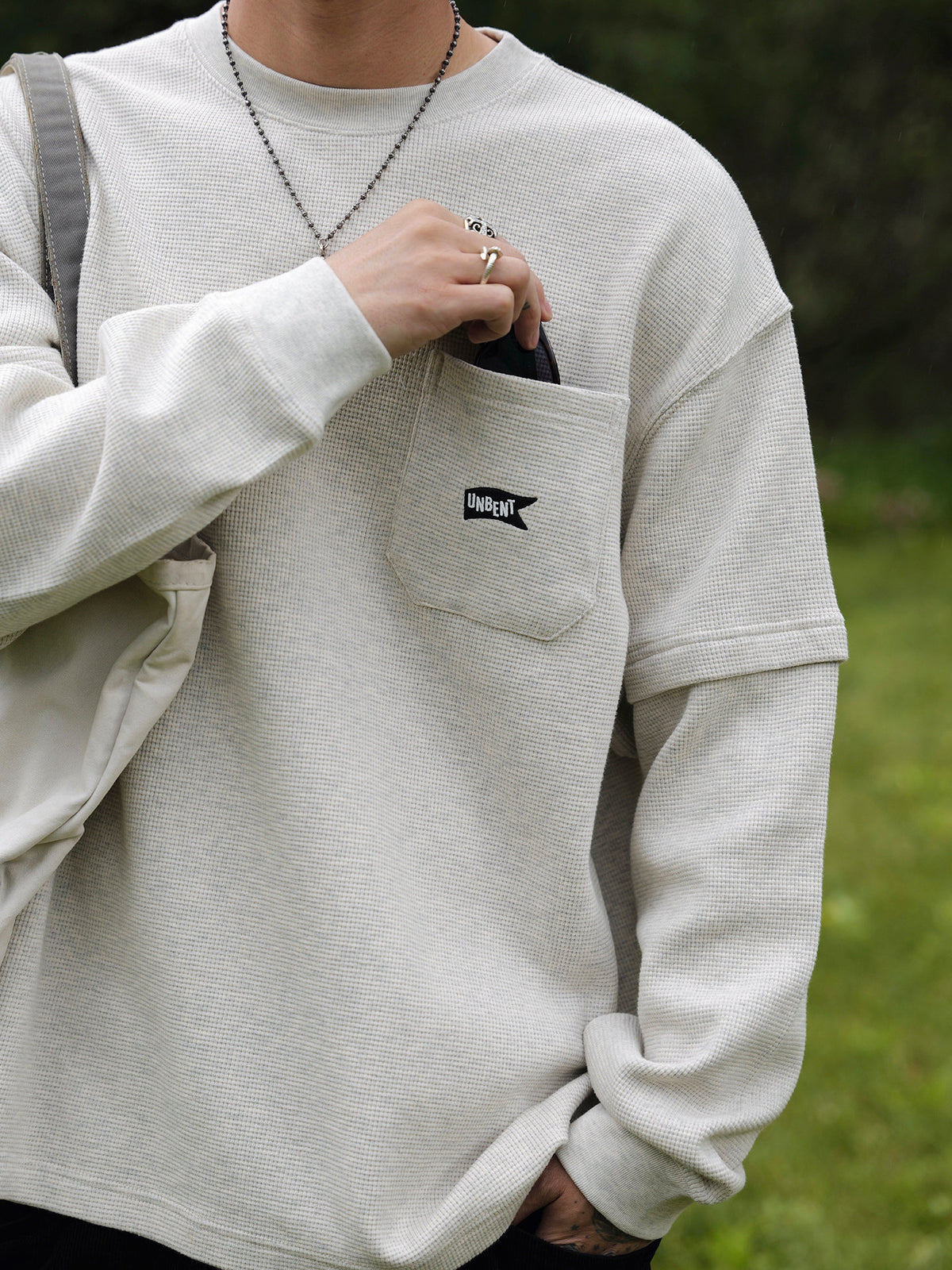 レイヤードポケット刺繍ワッフルロングTシャツ N7300