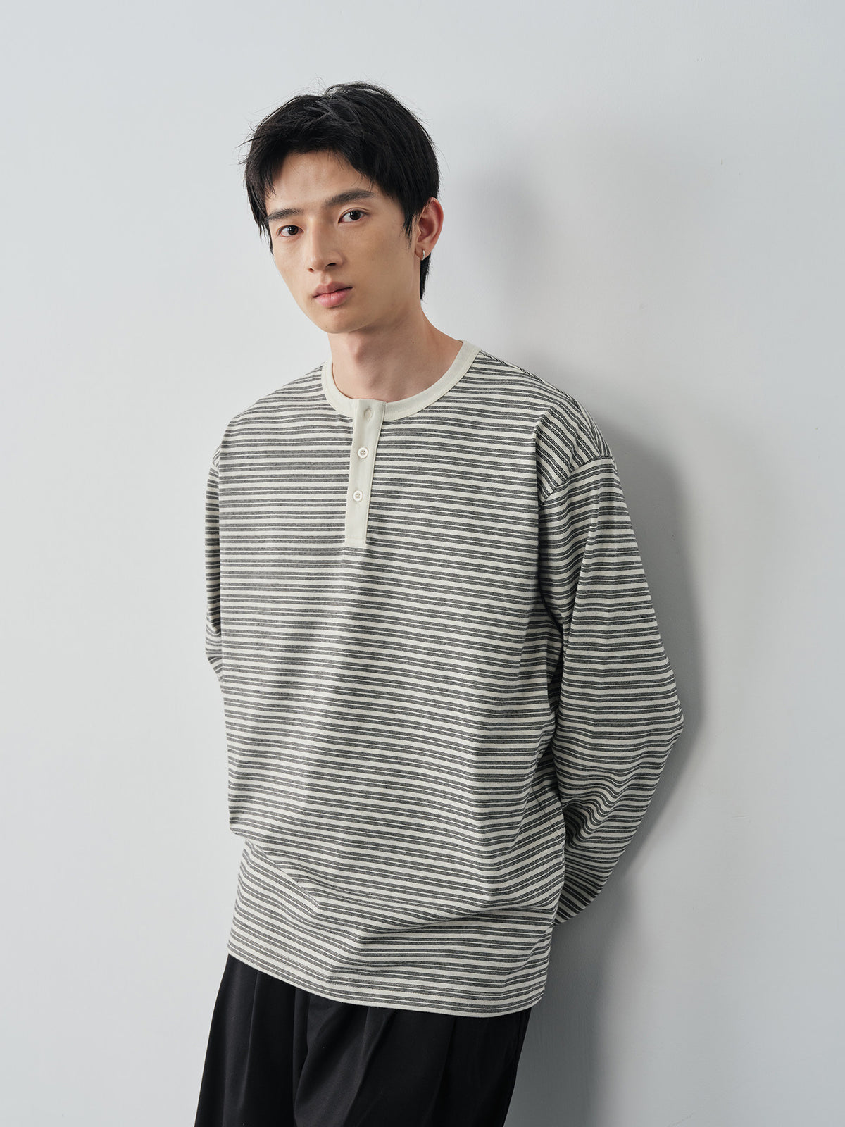 ボーダーヘンリーネックロングTシャツ N7334