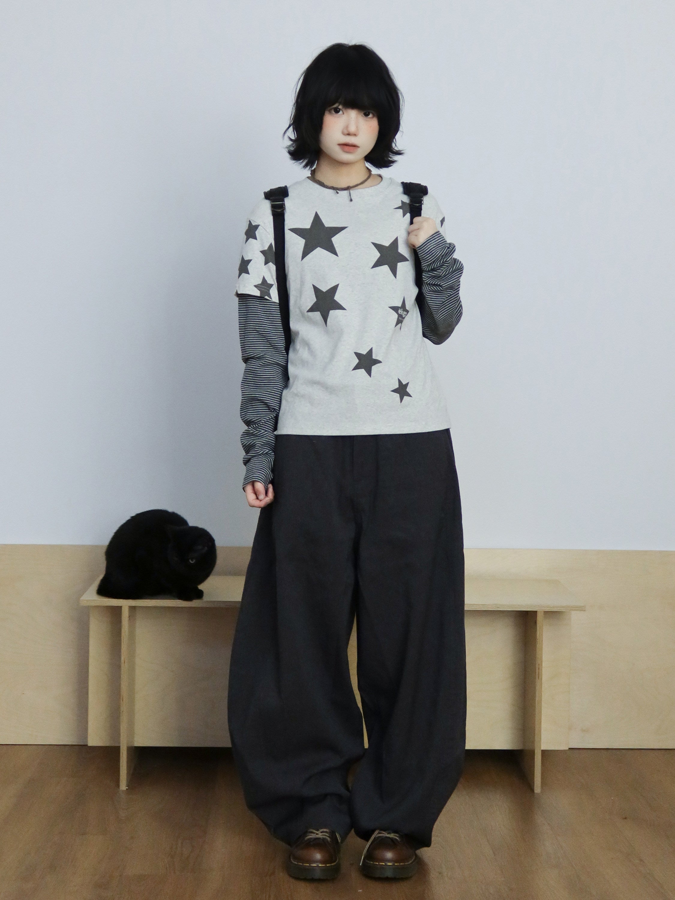 スター総柄 フェイクレイヤード ロングスリーブT N6934