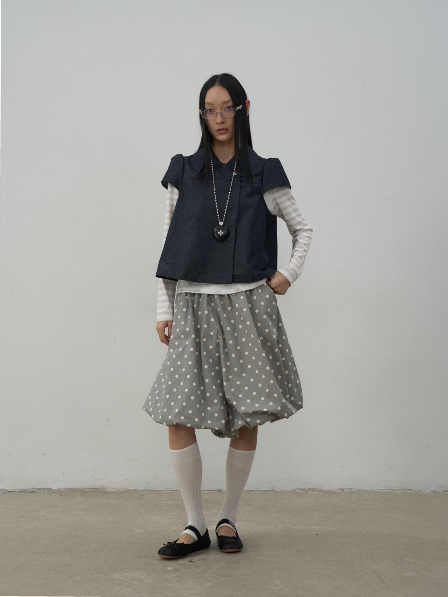 ドット柄 ギャザーフレアスカート ゆるシルエット N7011