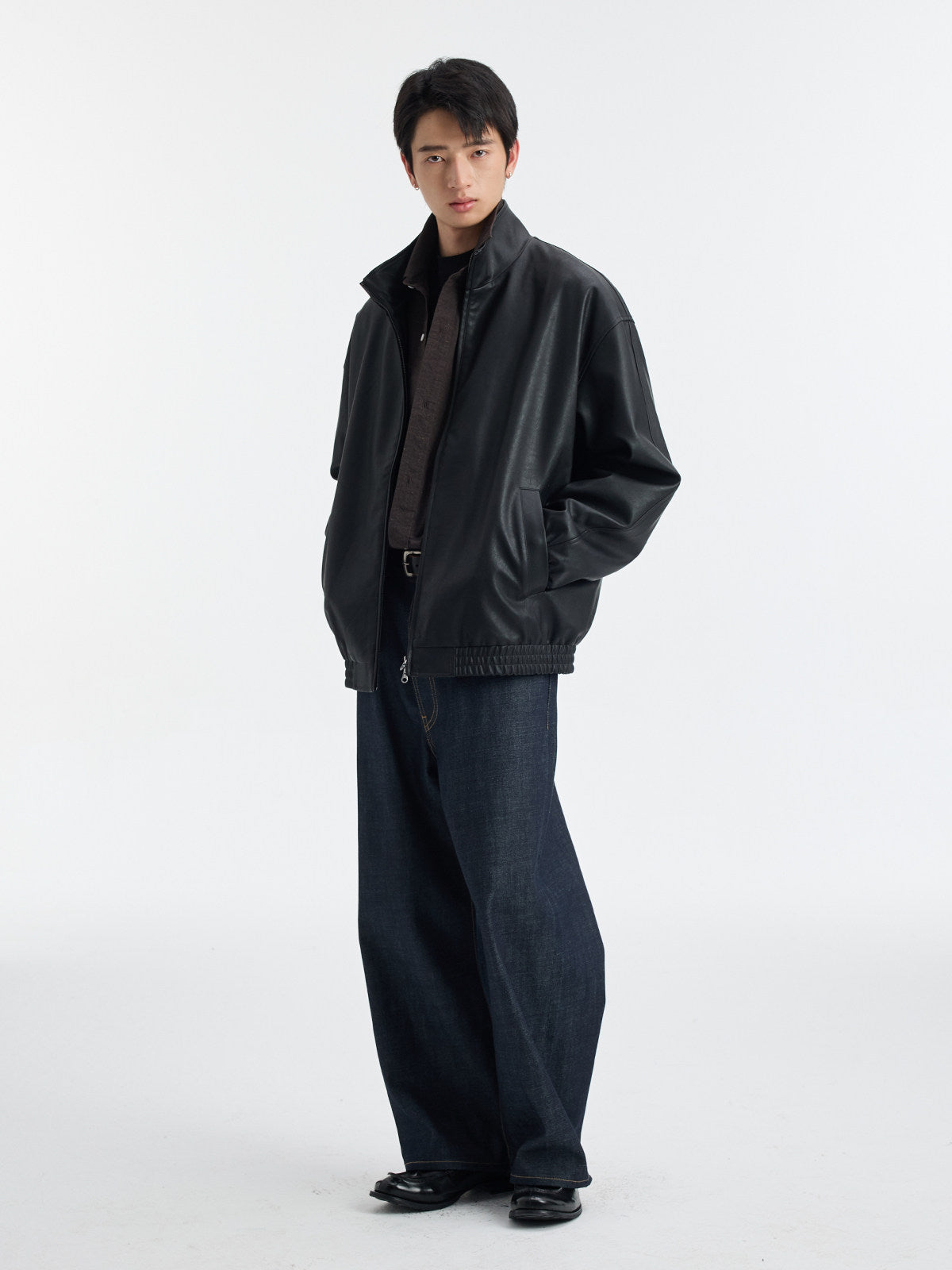 レトロ廓形 スタンドカラーPUレザージャケット　N6526