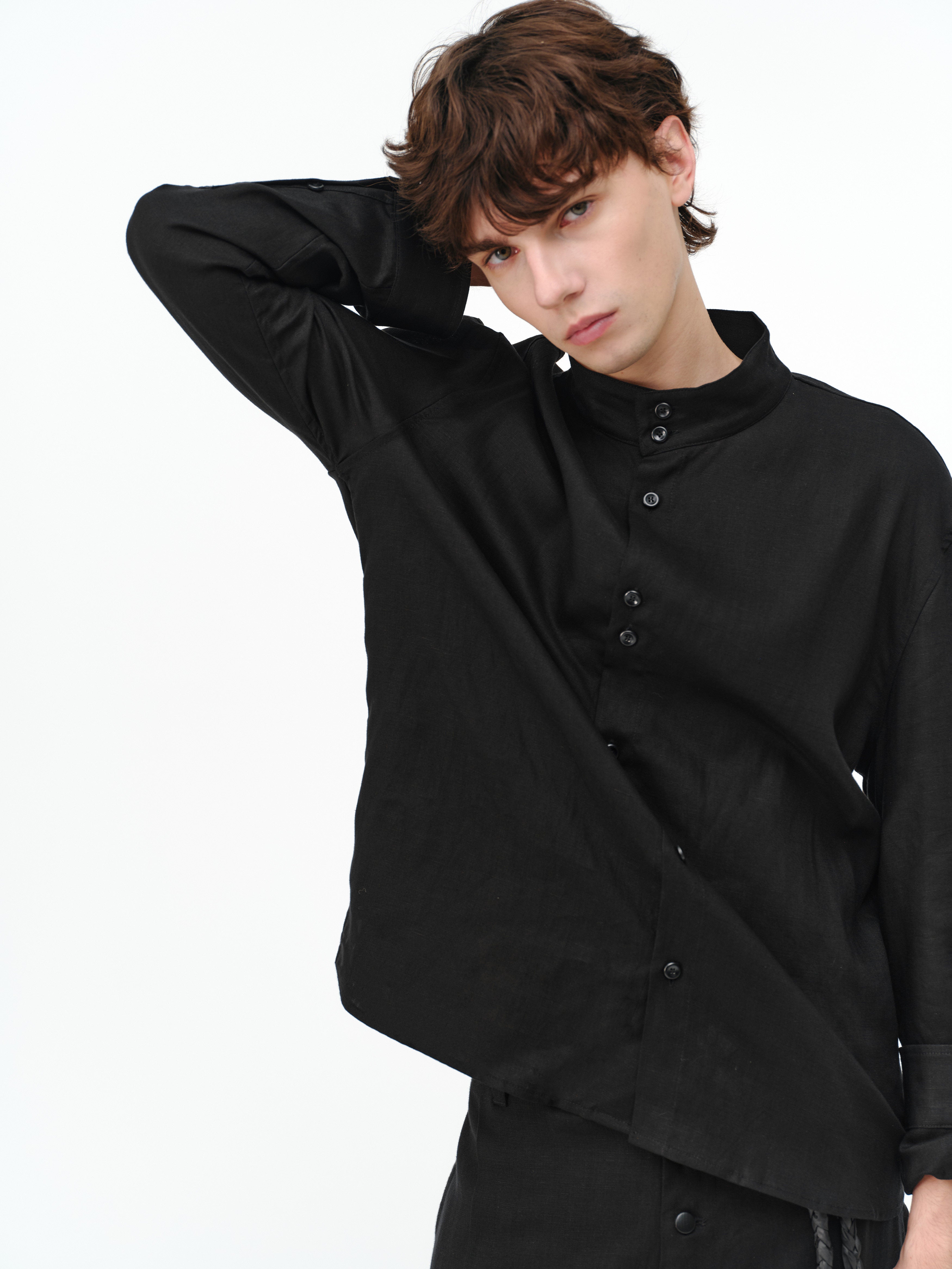 リネン混 スタンドカラー 非対称ボタンシャツ　N6856