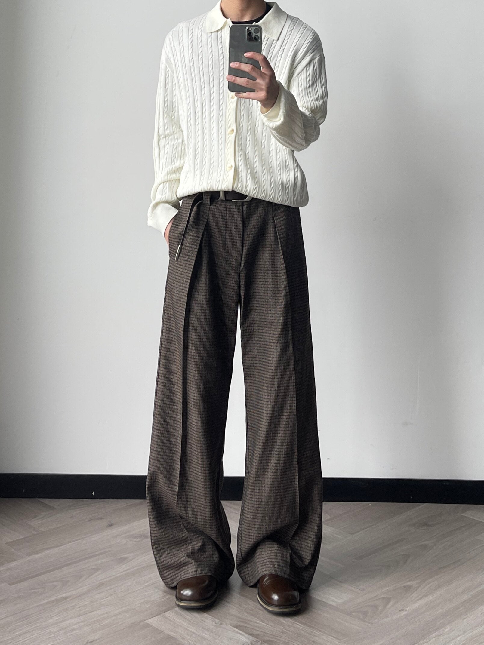 ウール混 千鳥ストライプワイドスラックス N6631