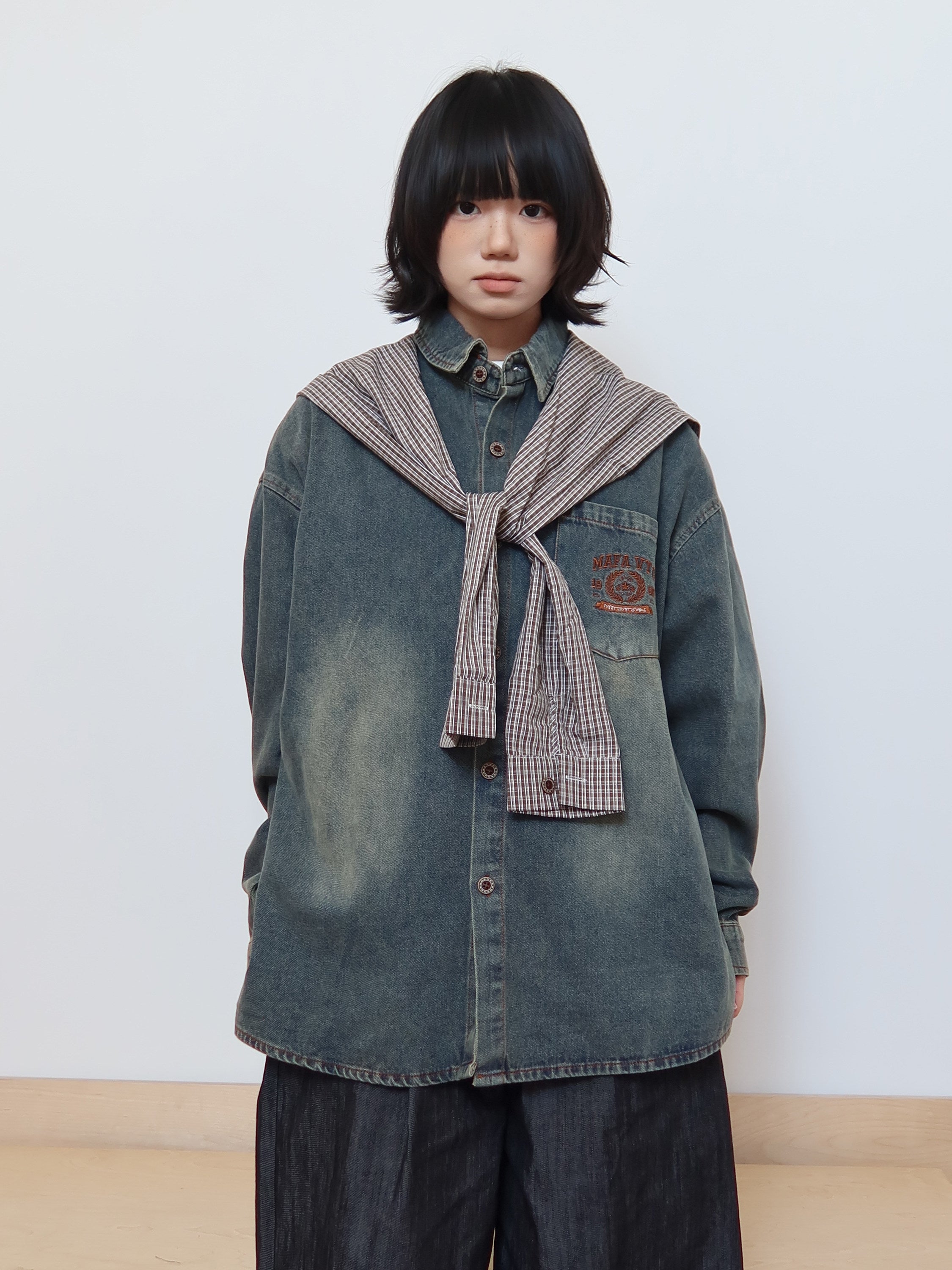 その他 TDUNAMAYO レイヤード風 ヴィンテージ加工 デニムシャツ N6376