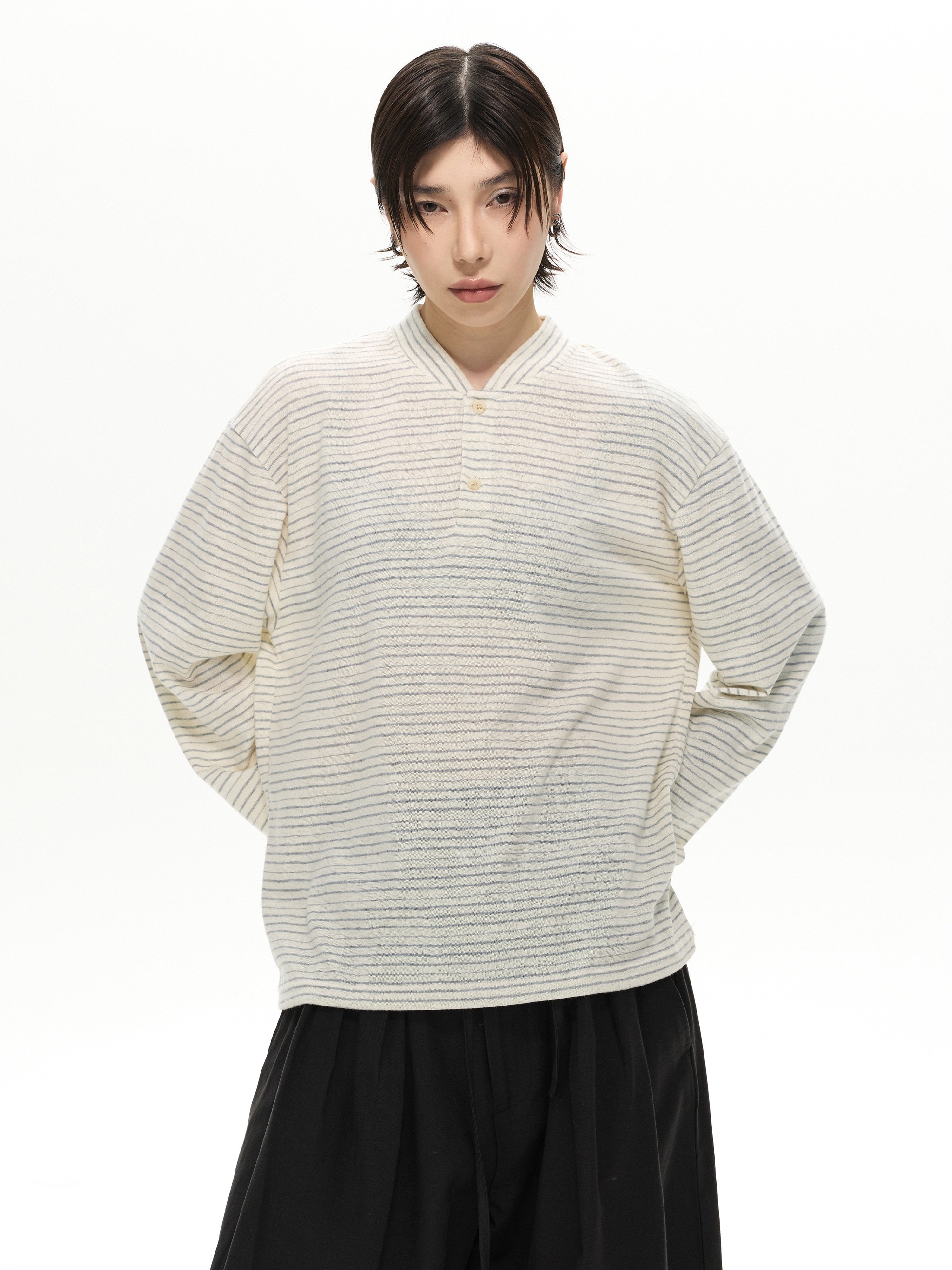 ボーダー ヘンリーネック ロングスリーブTシャツ　N6940