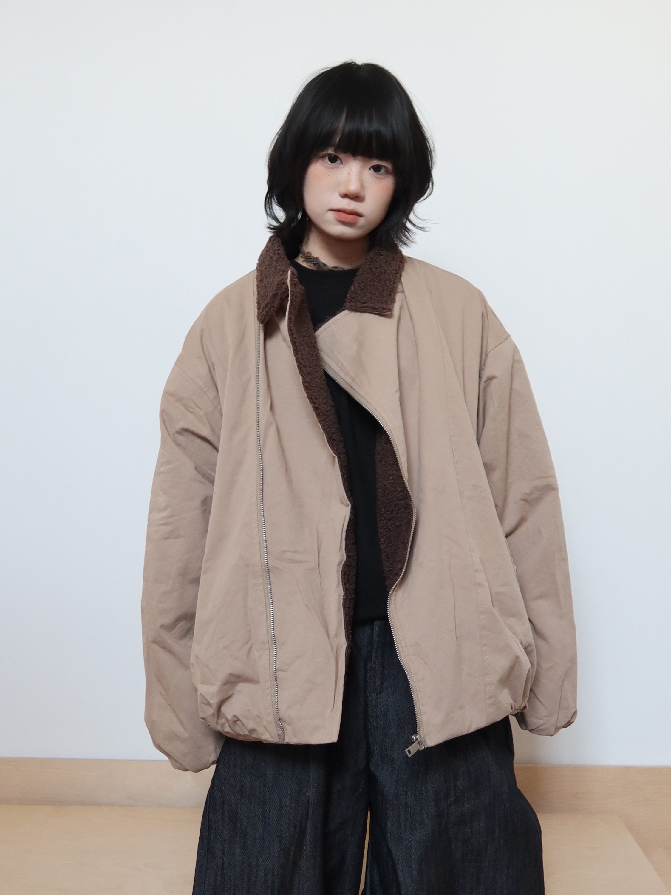 アシンメトリーZIP ボア襟 バーンスタイル中綿ジャケット N6407