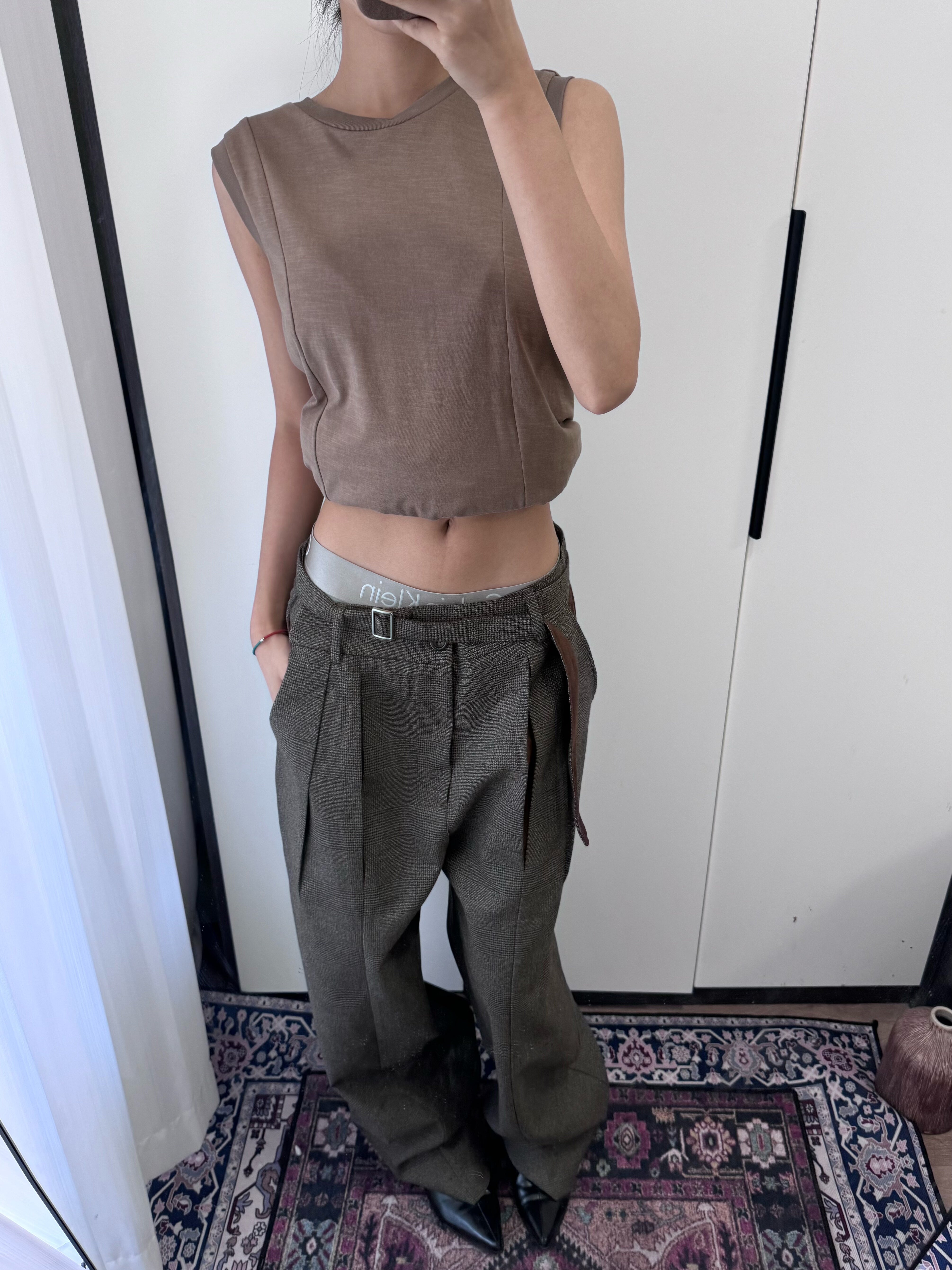 スエードディテール・千鳥格子・Aラインプリーツパンツ　N6180