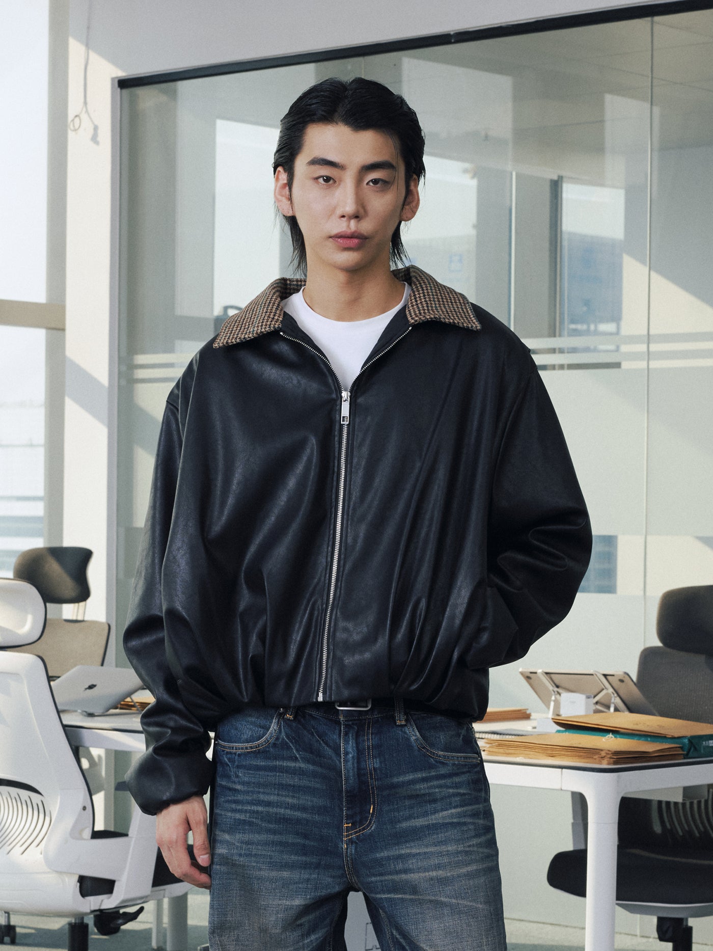 千鳥格子レザーカラー・中綿ボンバージャケット N6190