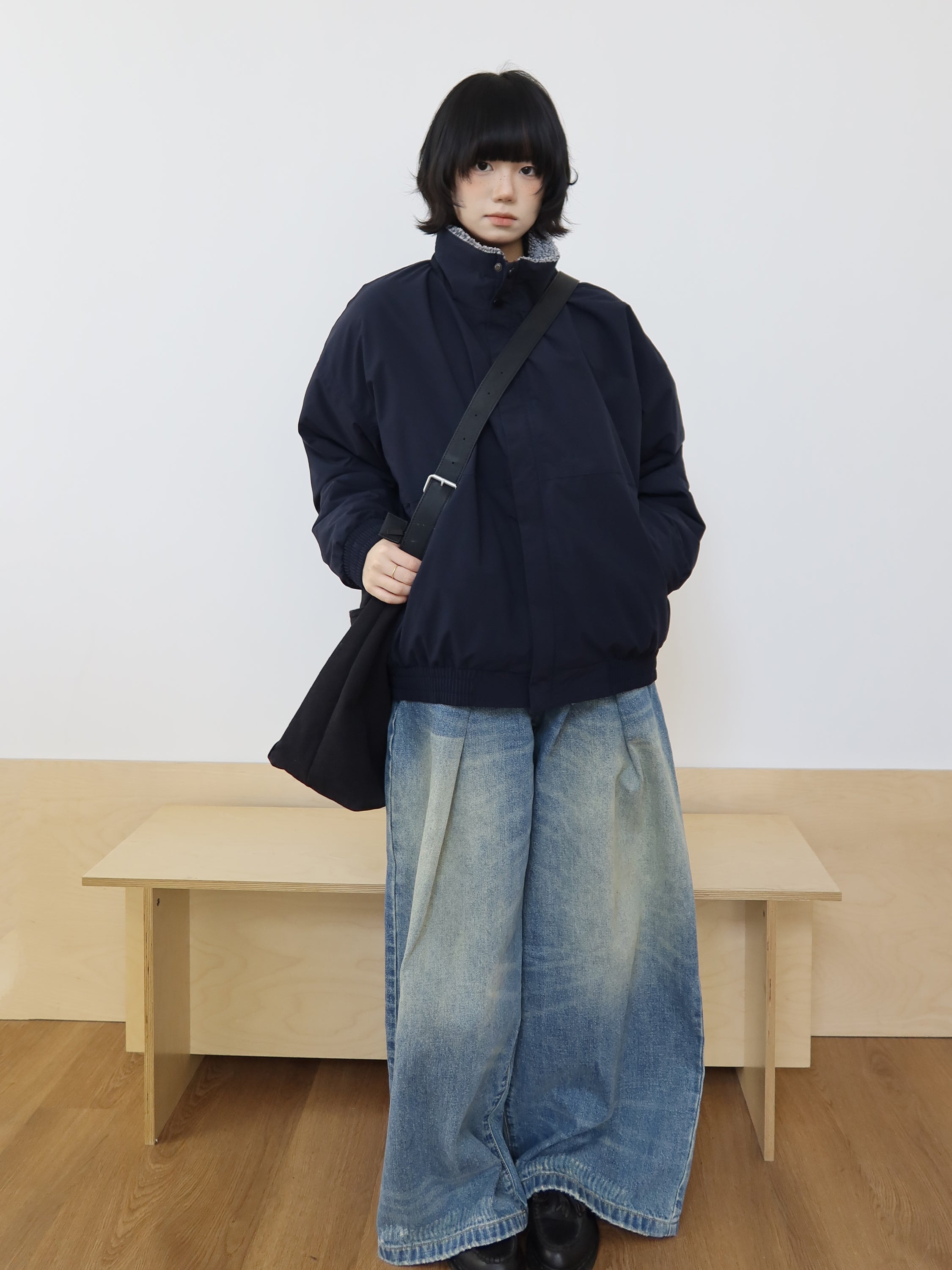 スタンドカラー ボア裏地 ネイビー中綿ジャケット　N6319