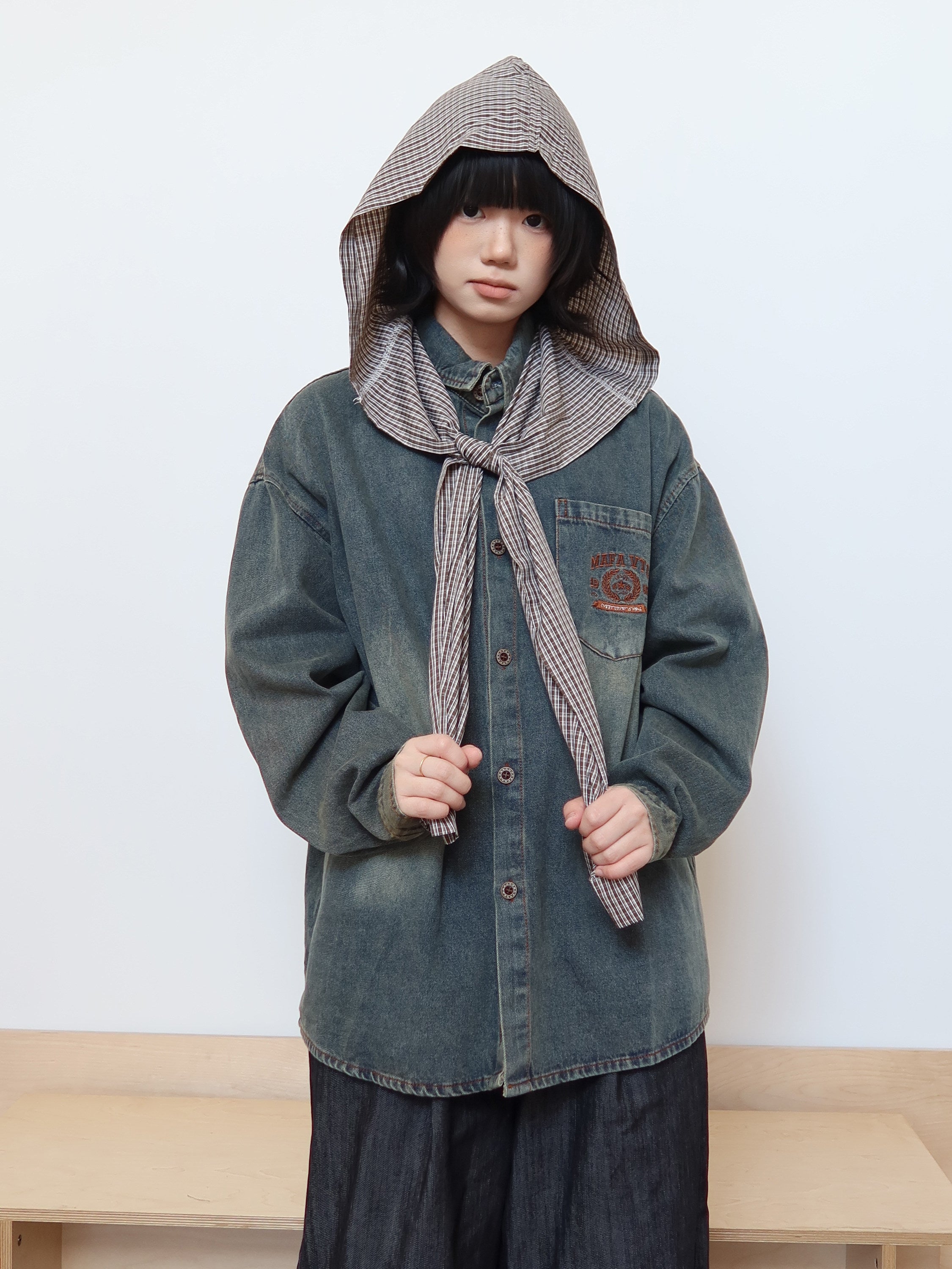 レイヤード風 ヴィンテージ加工 デニムシャツ　N6376