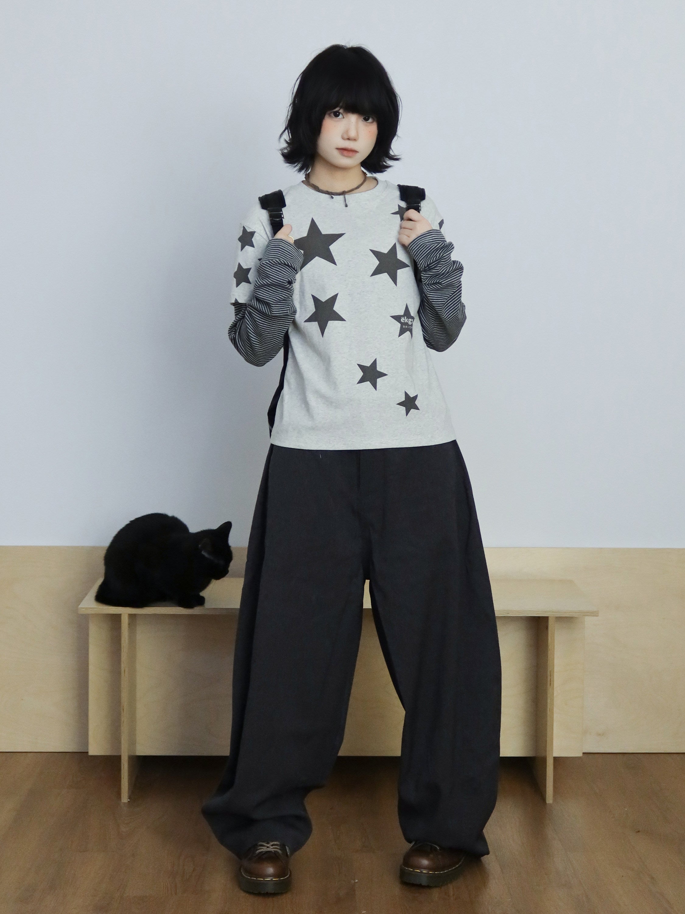 スター総柄 フェイクレイヤード ロングスリーブT N6934